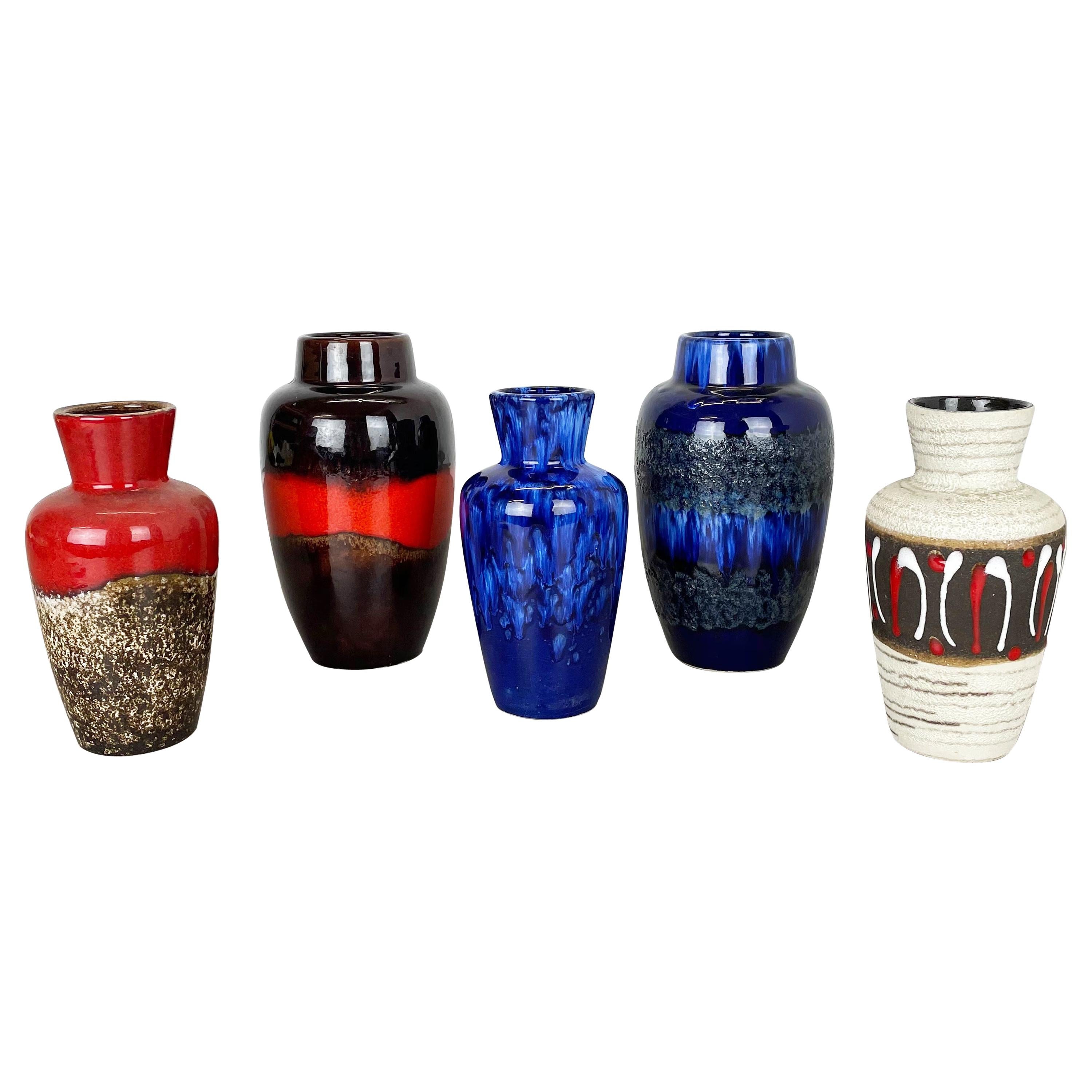 Set of Five Vintage Pottery Fat Lava Vases Made by Scheurich, Germany, 1970s For Sale