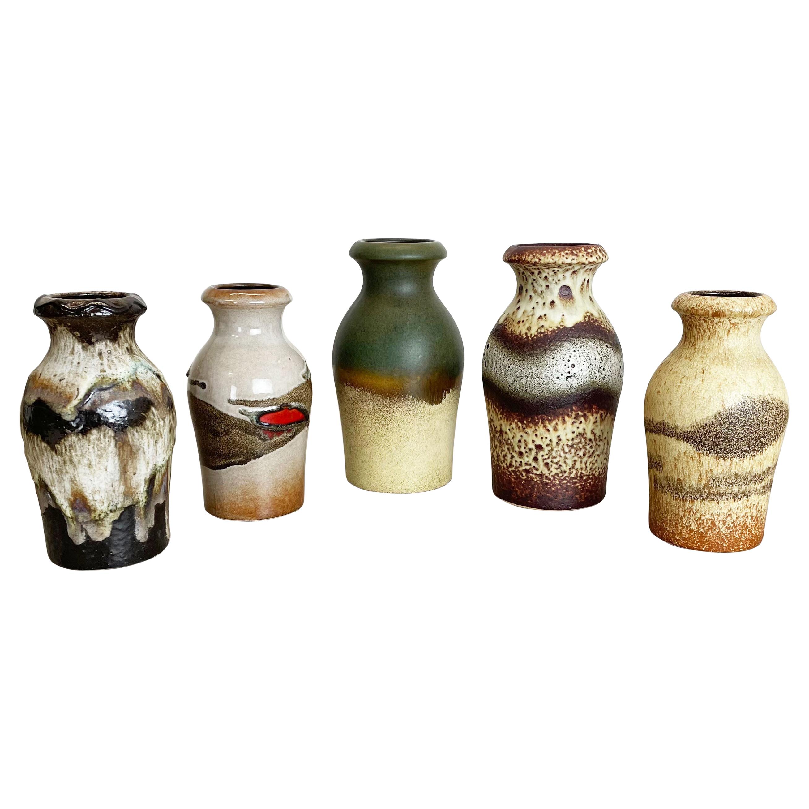 Set of Five Vintage Pottery Fat Lava Vases Made by Scheurich, Germany, 1970s For Sale