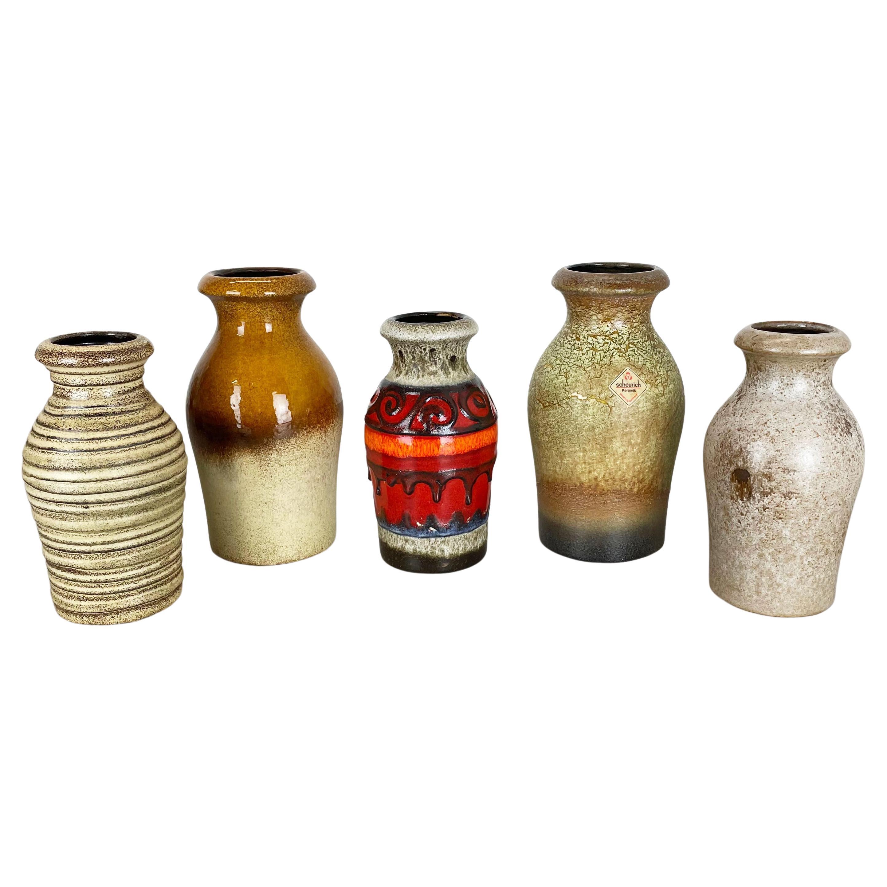 Set of Five Vintage Pottery Fat Lava Vases Made by Scheurich, Germany, 1970s For Sale