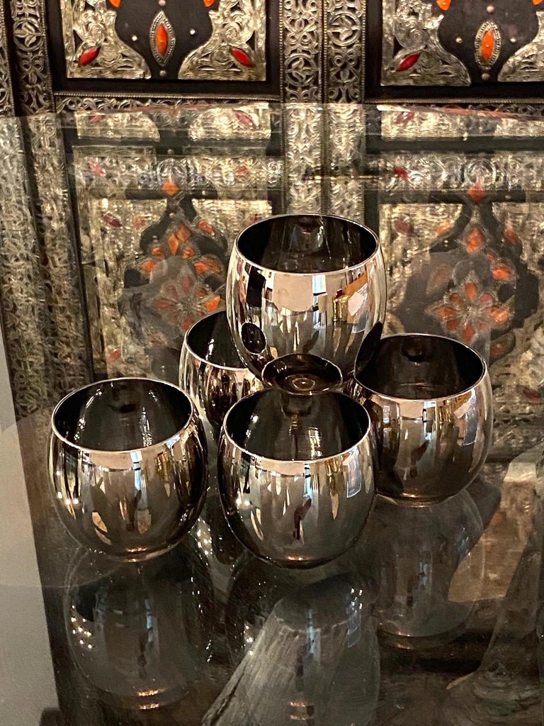 Hand-Crafted Set of Five Vintage Round Barware Whiskey Glasses with Silver Overlay, c. 1960s For Sale