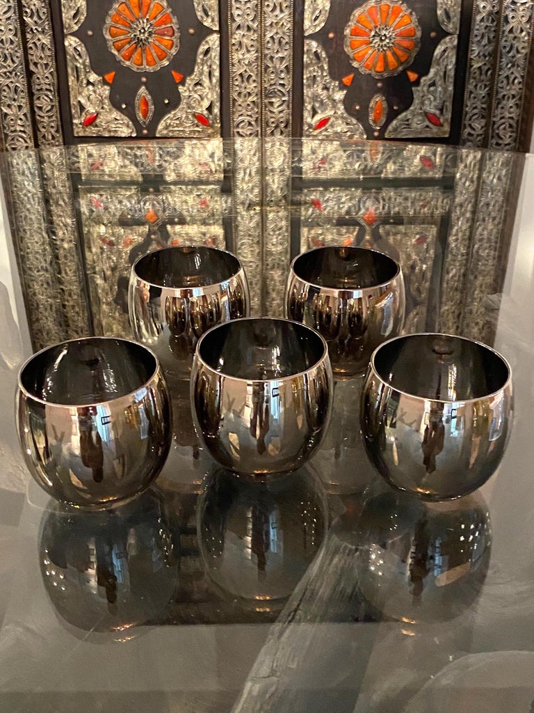 Mid-20th Century Set of Five Vintage Round Barware Whiskey Glasses with Silver Overlay, c. 1960s For Sale