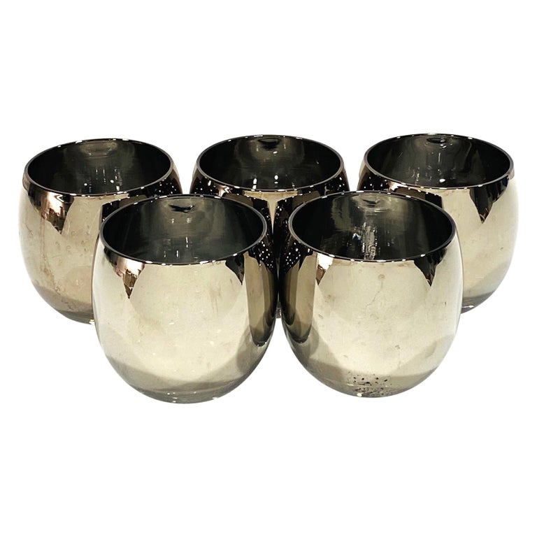 Set of Five Vintage Round Barware Whisky Glasses with Silver Overlay, c