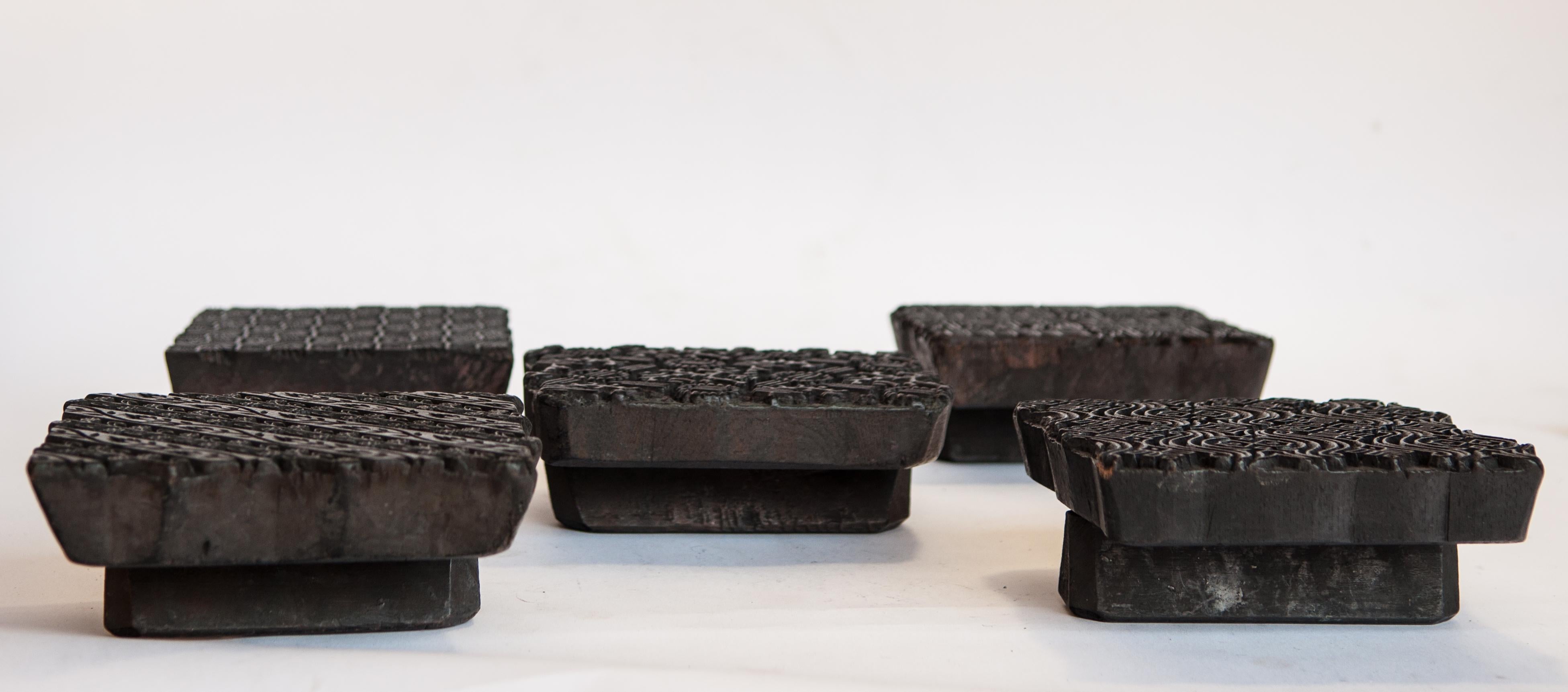 Anglo-Indian Set of Five Vintage Wooden Printing Blocks from India, Late 20th Century