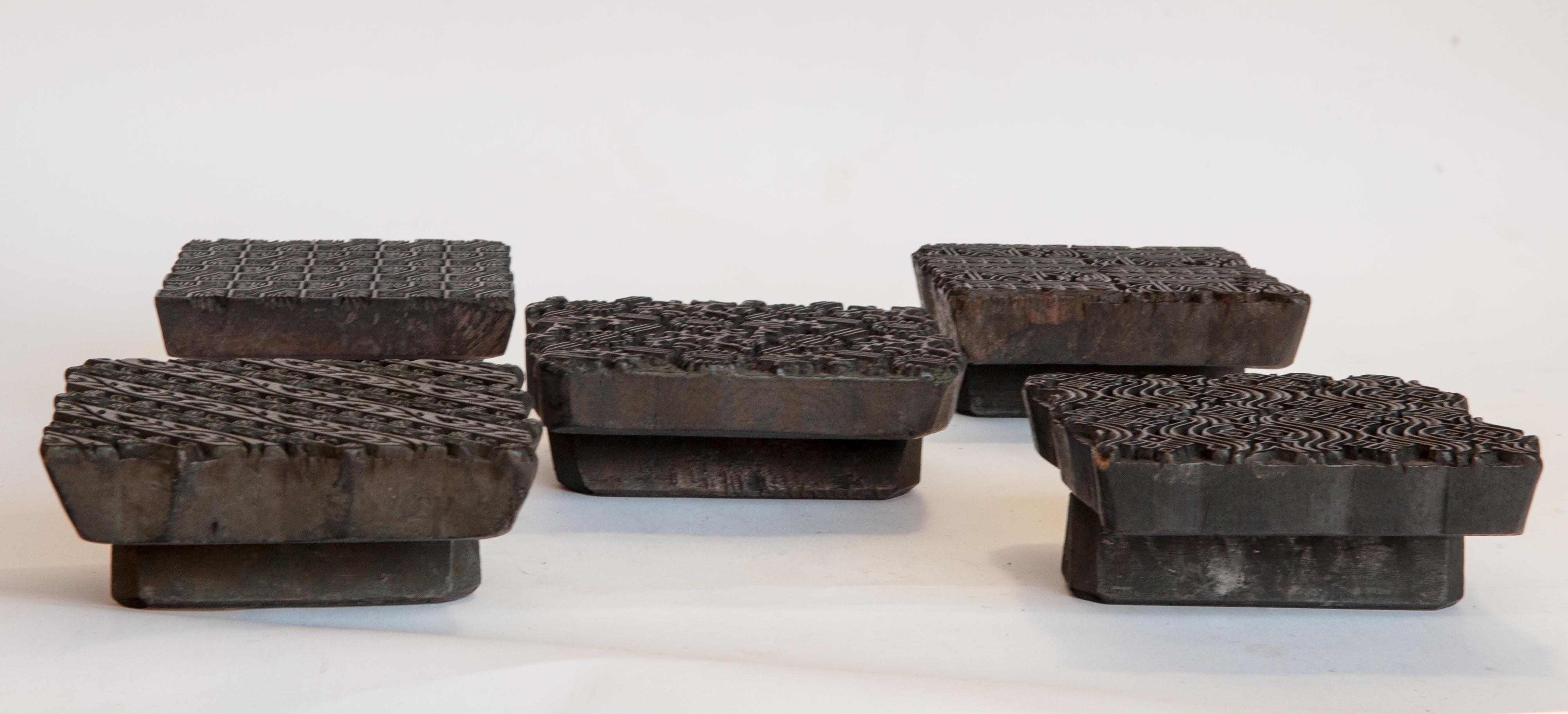 Indian Set of Five Vintage Wooden Printing Blocks from India, Late 20th Century