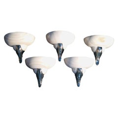 Set of Five Wall Lamps French Art Deco Sconces Pearly White Alabaster