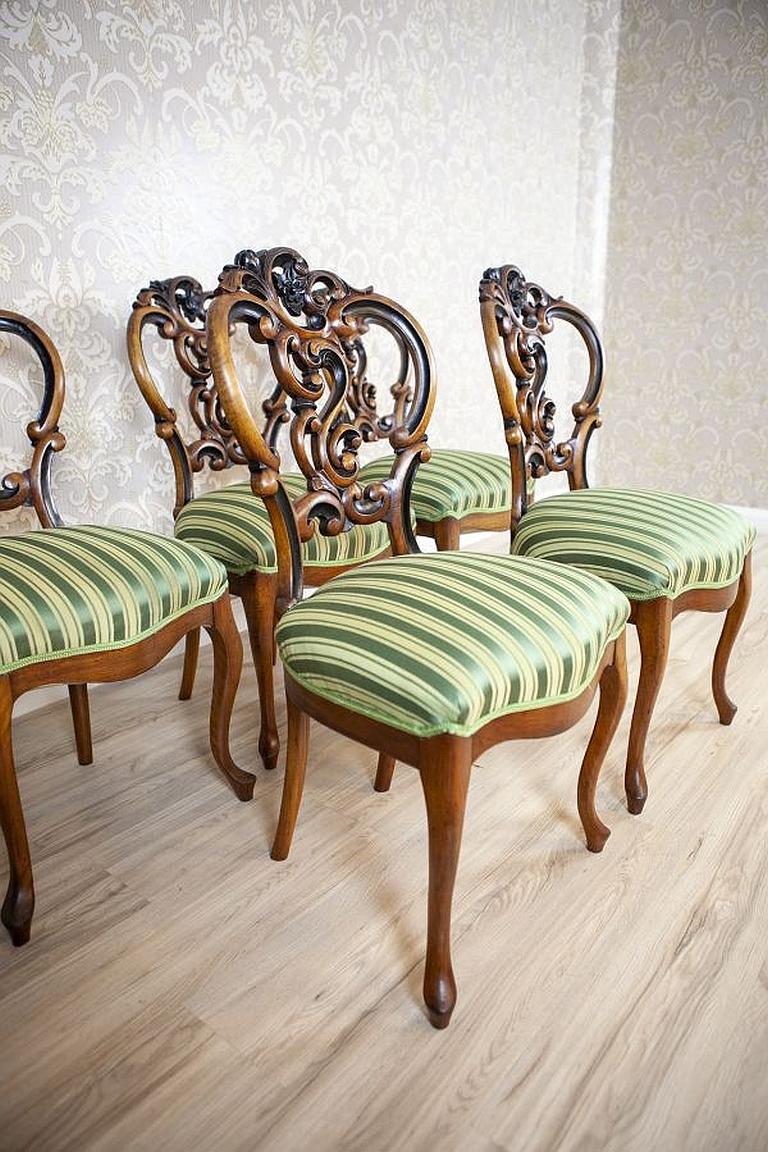 European Set of Five Walnut Chairs From the Late 19th Century in Light Green Upholstery For Sale