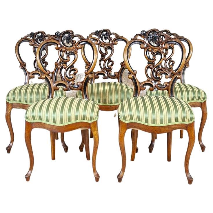 Set of Five Walnut Chairs From the Late 19th Century in Light Green Upholstery For Sale