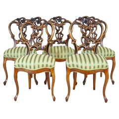 Set of Five Walnut Chairs From the Late 19th Century in Light Green Upholstery