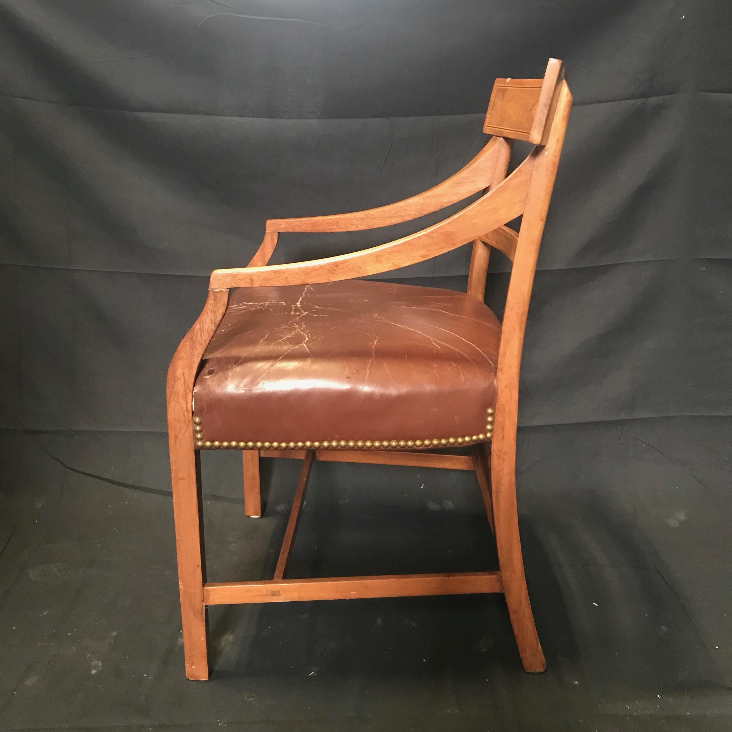 French Set of Five Walnut Regency Chairs with Inlaid Frames and Diamond Backs