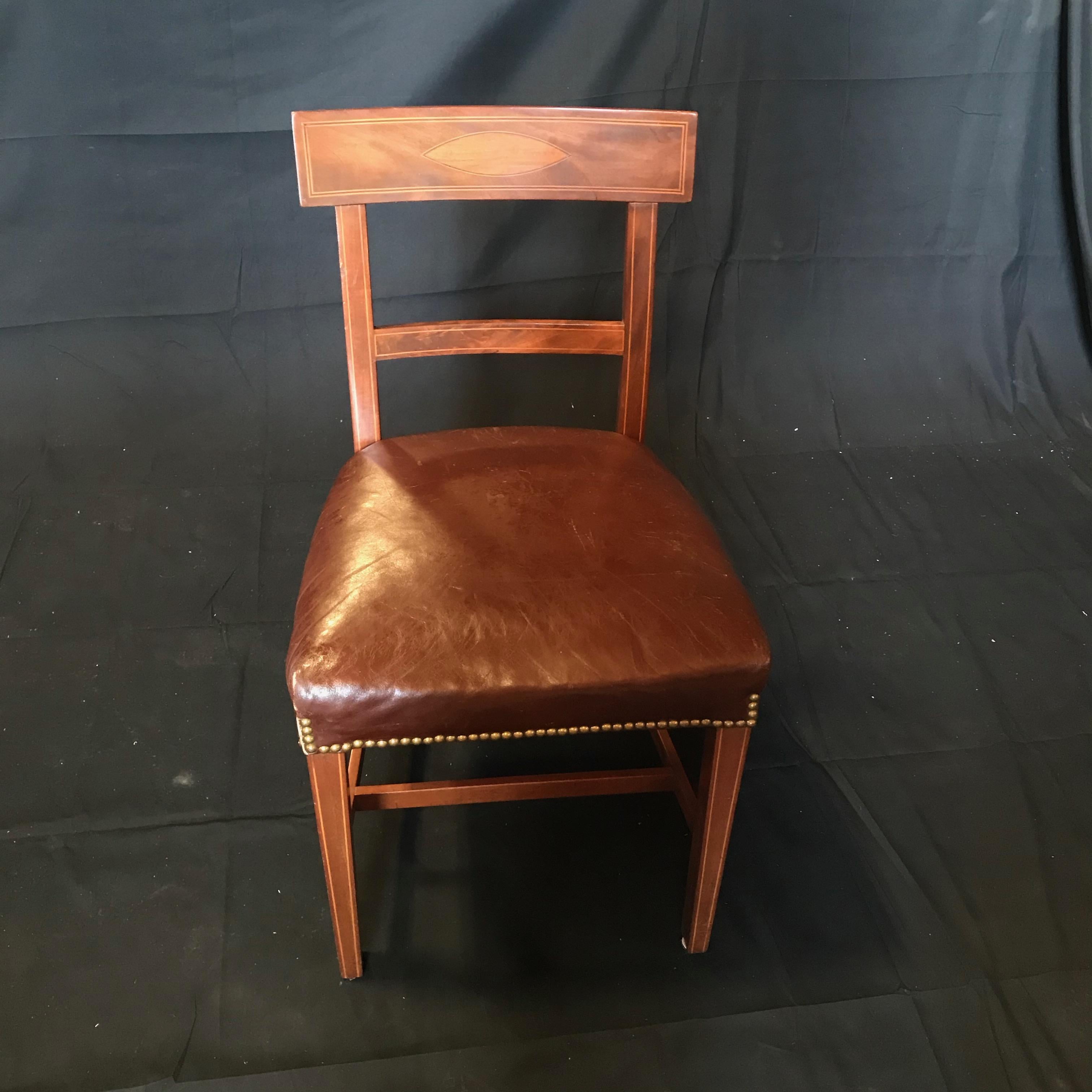 Leather Set of Five Walnut Regency Chairs with Inlaid Frames and Diamond Backs