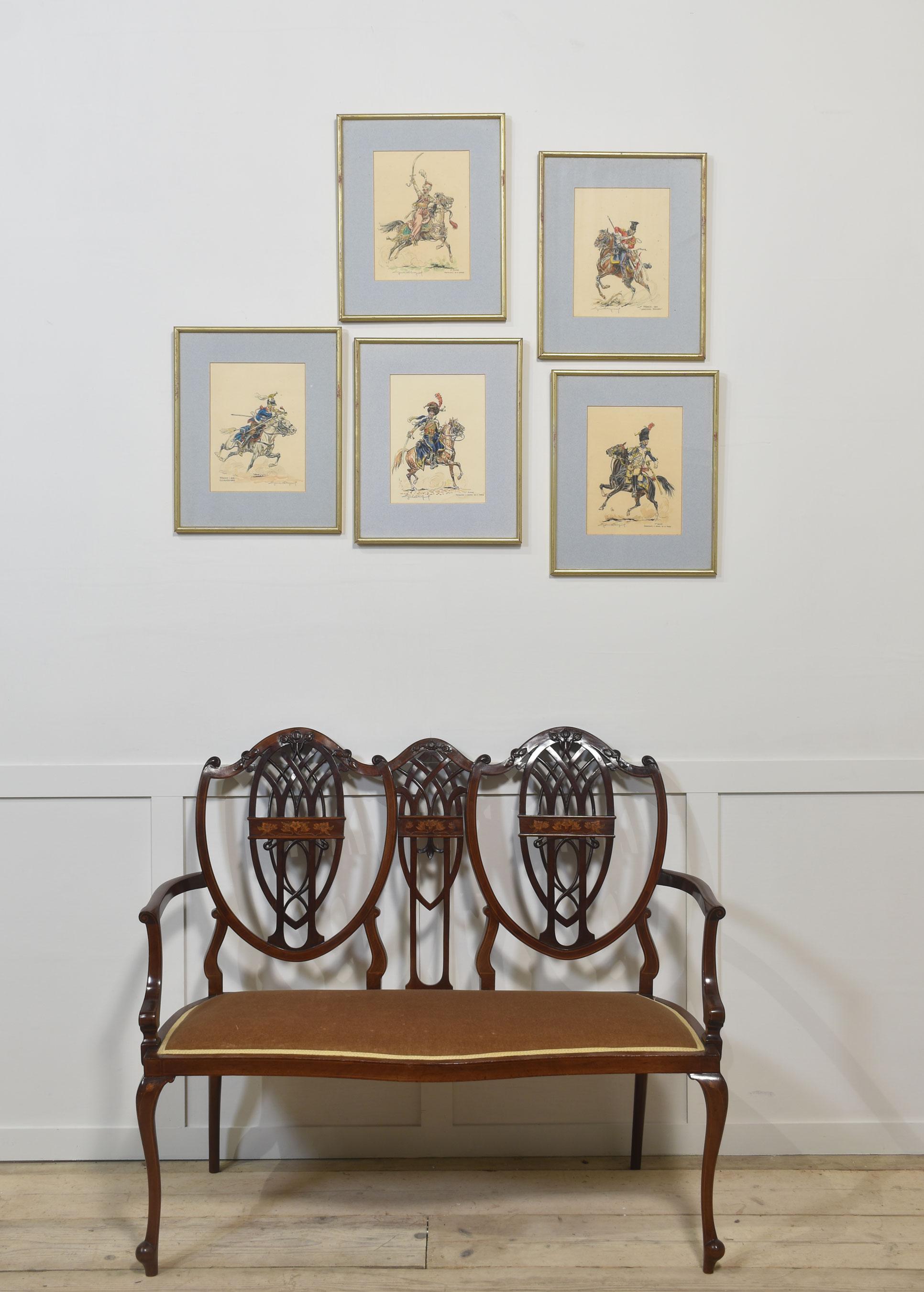 Set of five watercolour sketches by Eugene Leliepvre depicting mounted military figures encased in gilt and glazed frames.

Dimensions
Height 18 Inches
Width 15 Inches
Depth 1 Inches