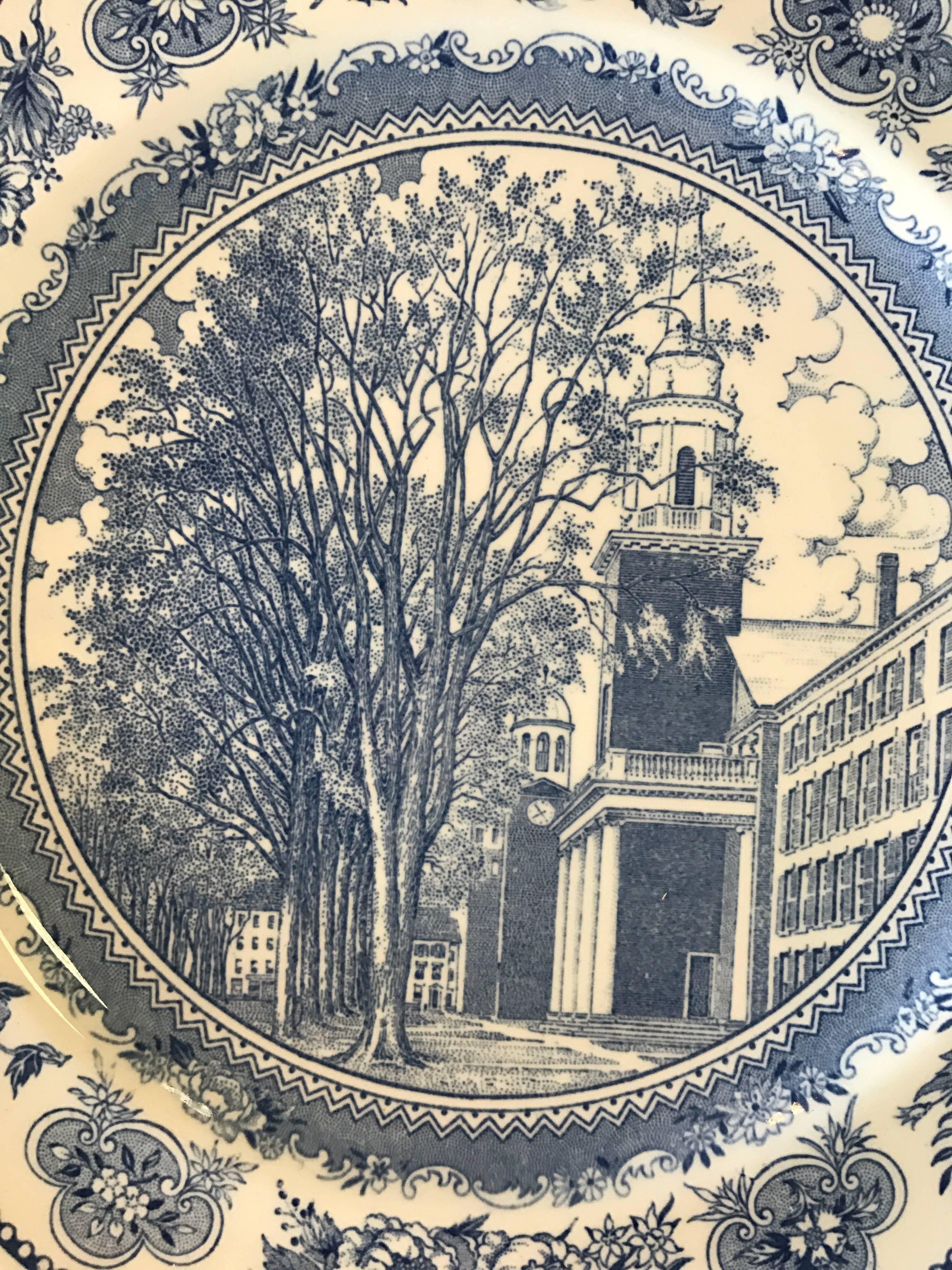 Set of five Wedgwod blue and white dinner plates depicting different Yale University building scenes.