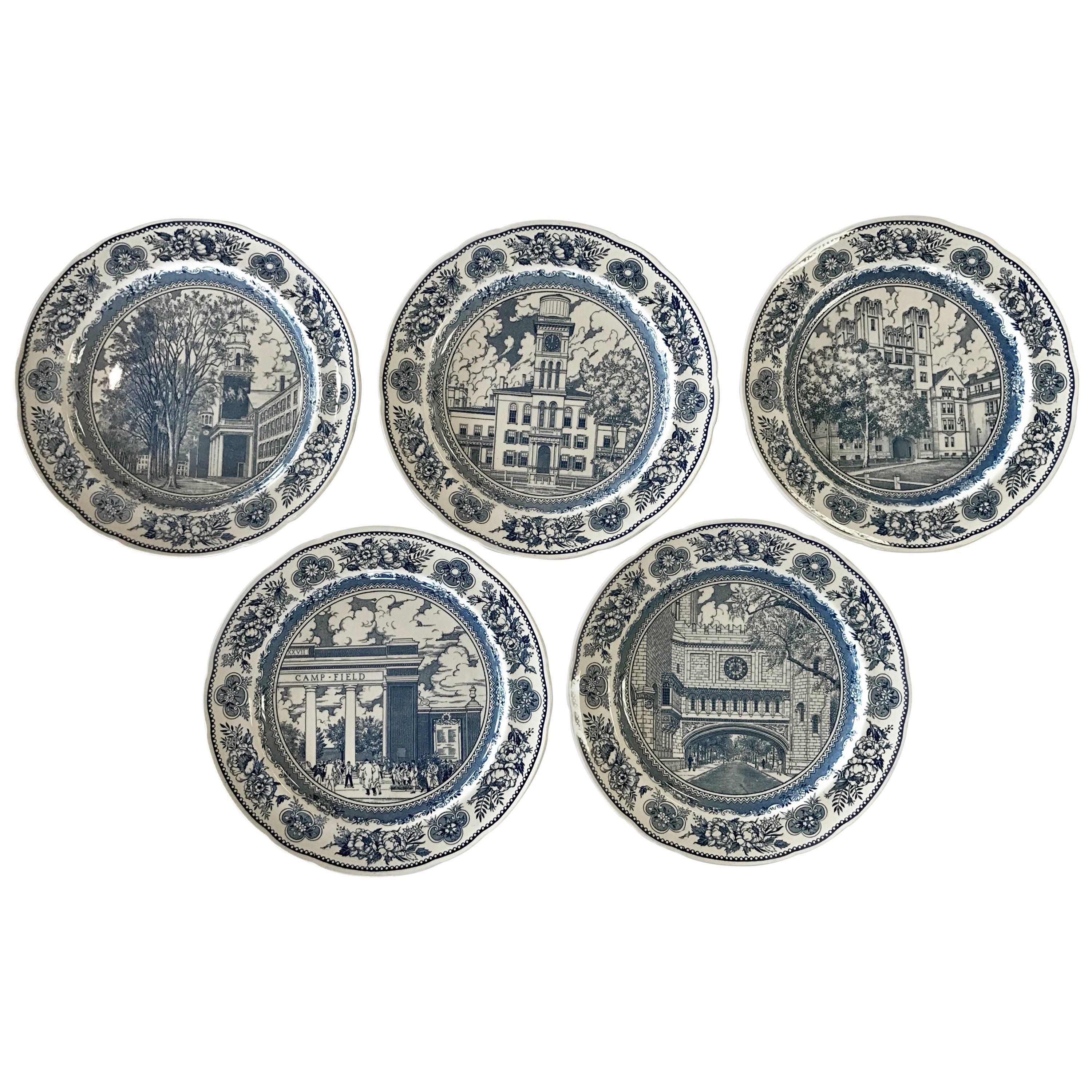 Set of Five Wedgwood Blue and White Yale University Plates