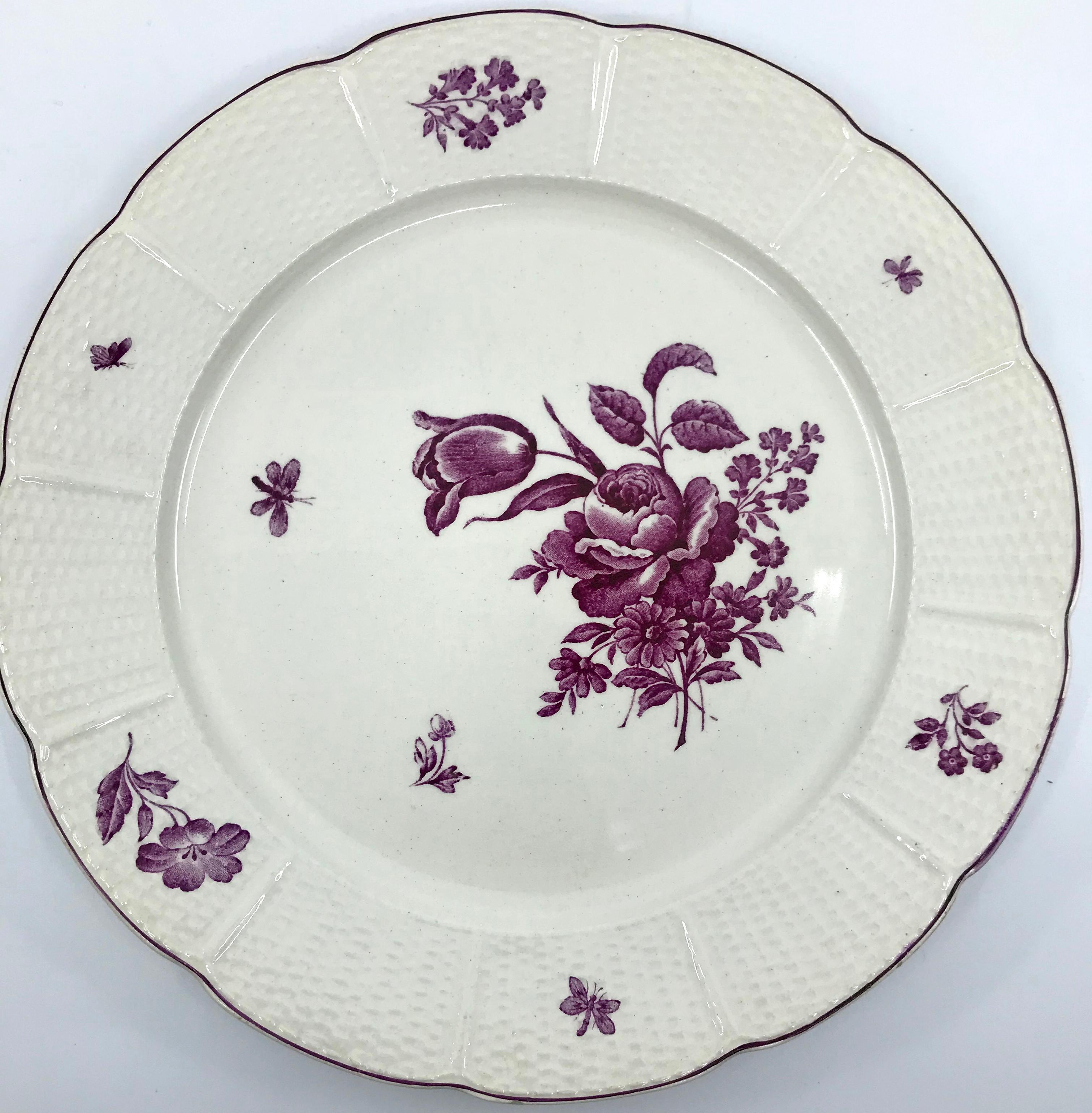 English Set of Five Magenta and White Wedgwood Floral Plates