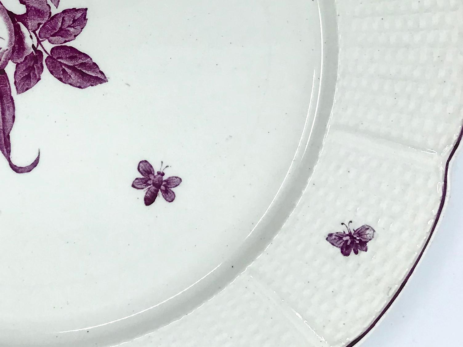 Hand-Painted Set of Five Magenta and White Wedgwood Floral Plates