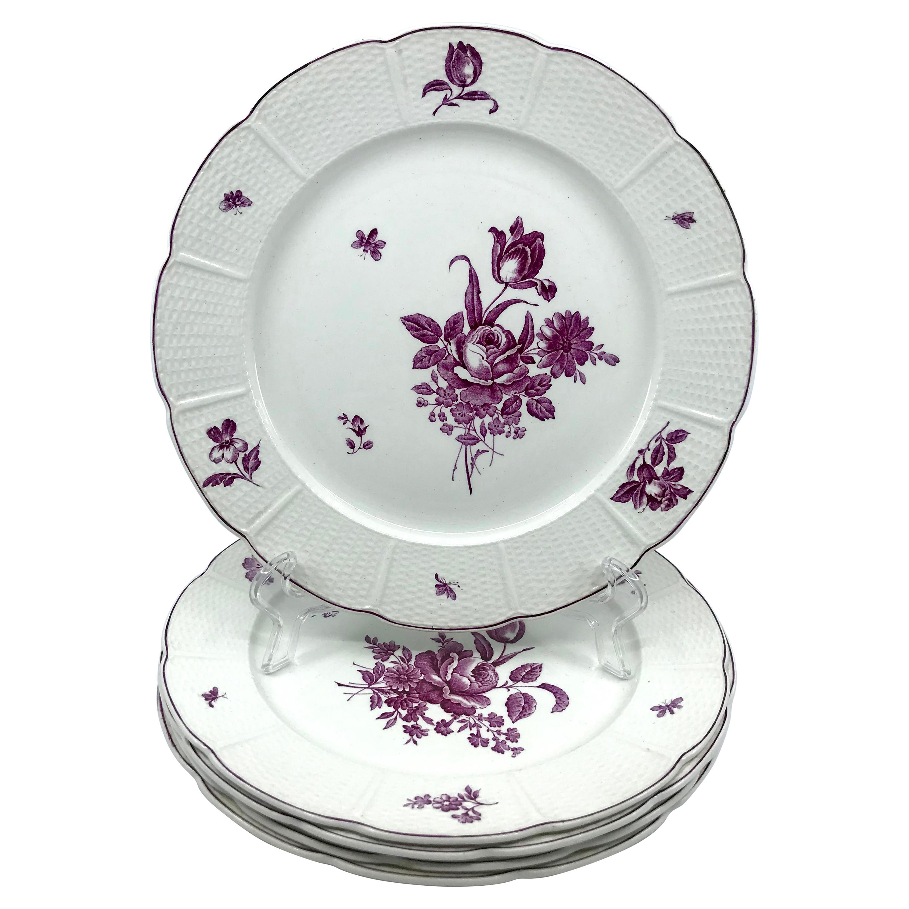 Set of Five Magenta and White Wedgwood Floral Plates