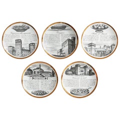 Set of Five White and Gold Ceramic Plates by Piero Fornasetti