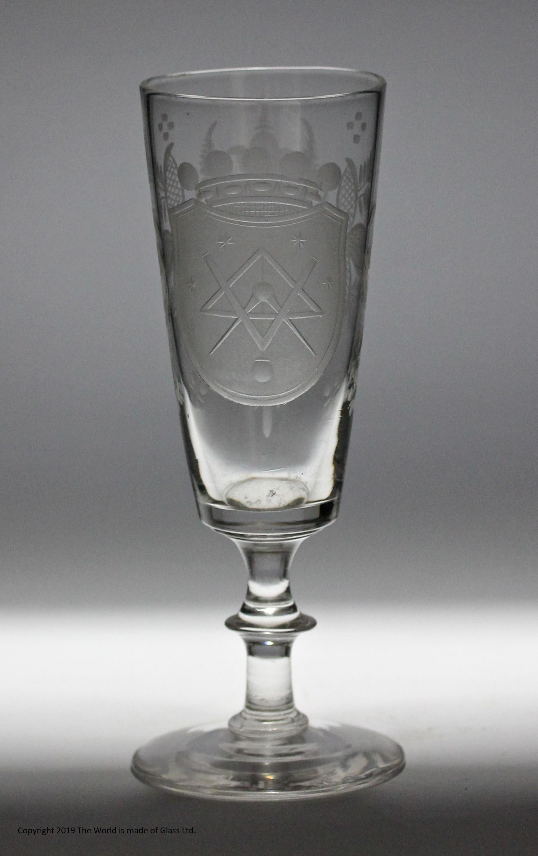 This is a set of five William IV/early Victorian armorial-engraved Masonic ale glasses dating from the beginning to middle of the 19th century, c1835. 

The glasses are in excellent condition for their age. This means, of course, that they show
