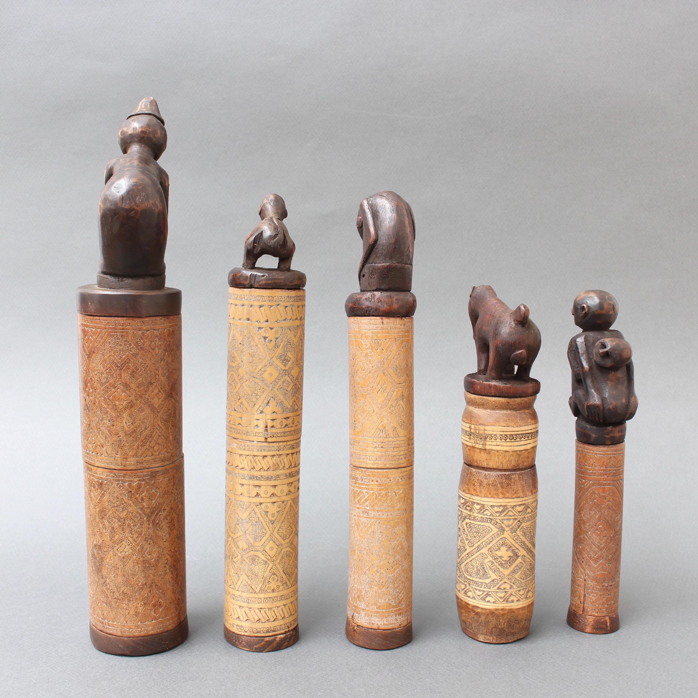 Indonesian Set of Five Wood and Bamboo Lime Powder Holders for Betel Nut from W. Timor