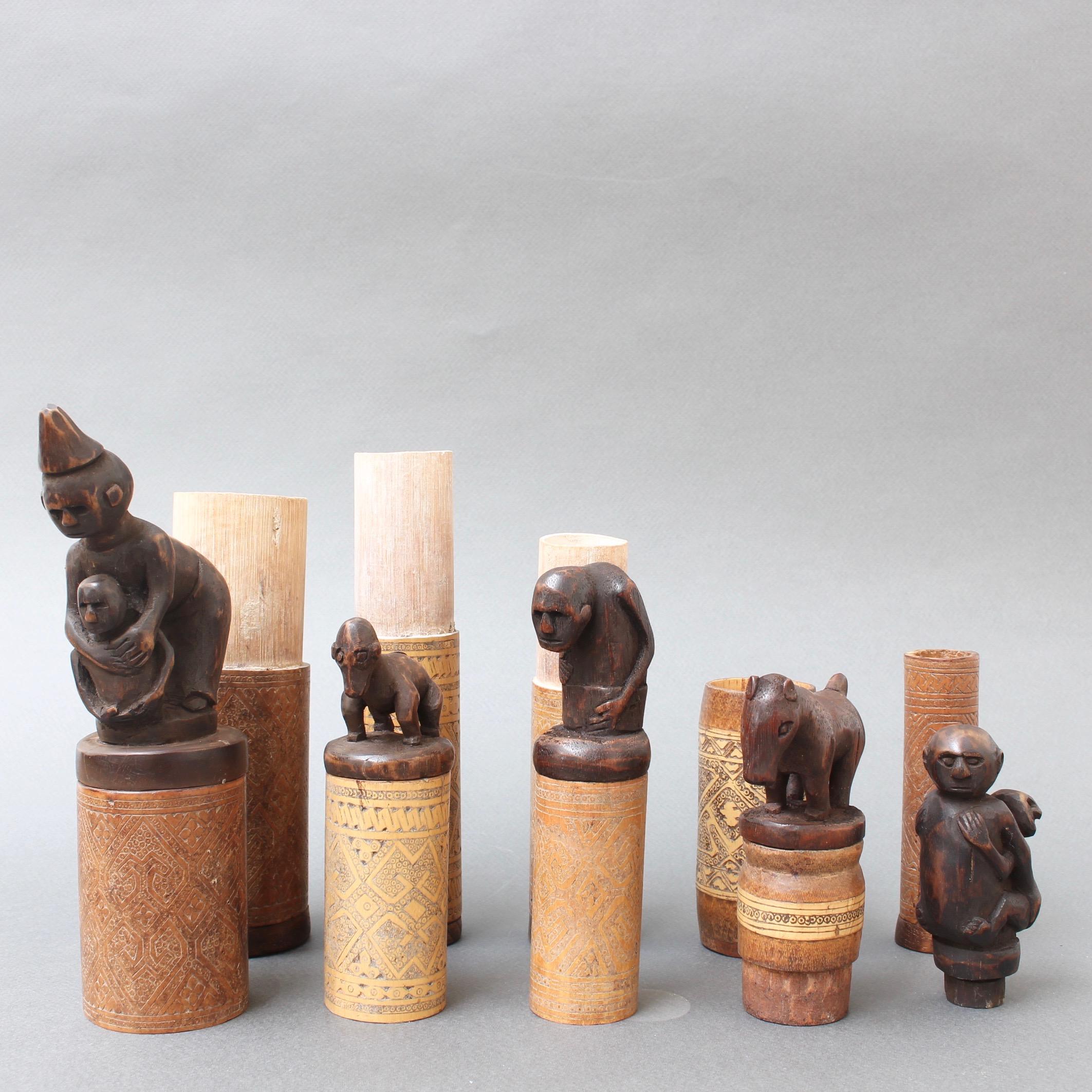 20th Century Set of Five Wood and Bamboo Lime Powder Holders for Betel Nut from W. Timor