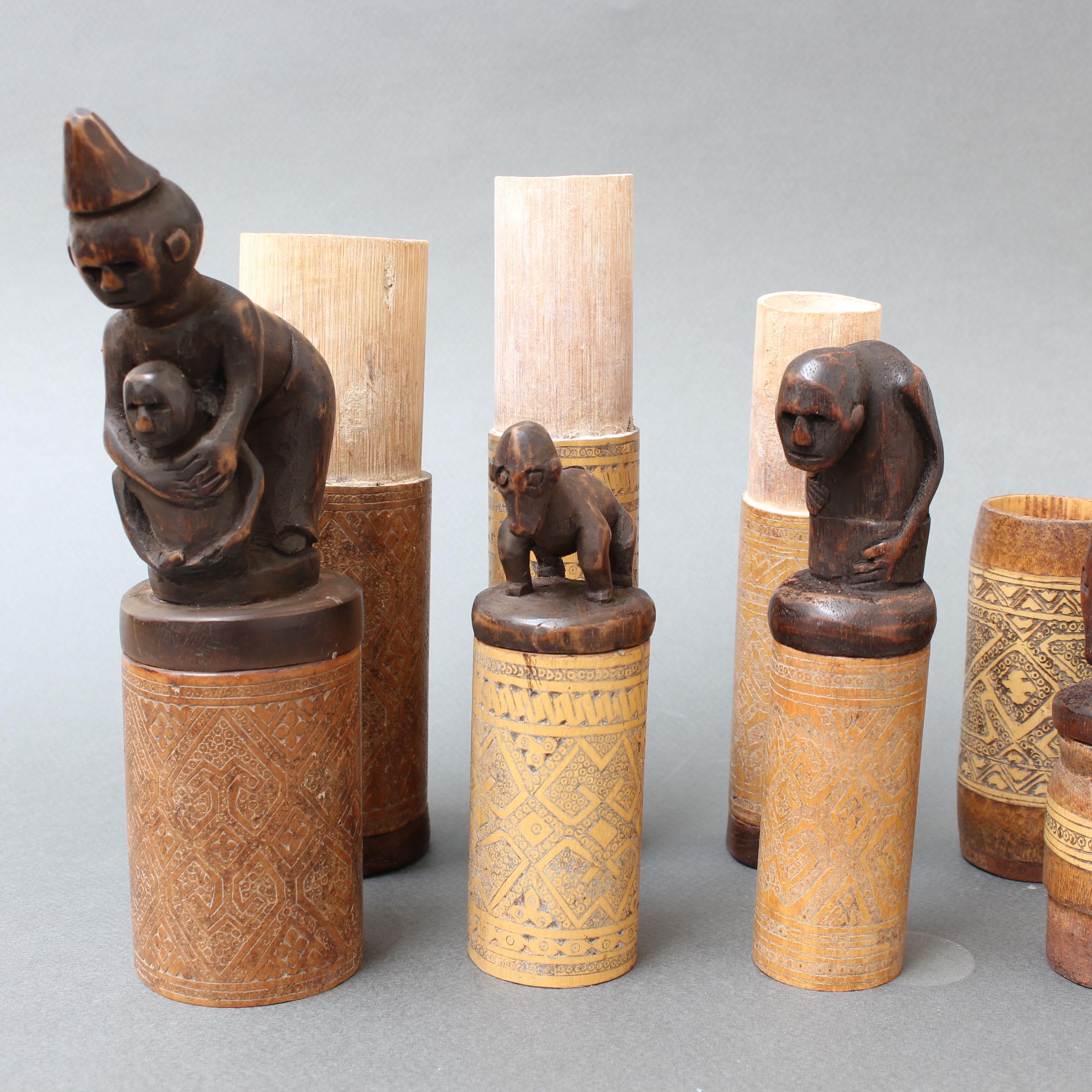 Set of Five Wood and Bamboo Lime Powder Holders for Betel Nut from W. Timor 1