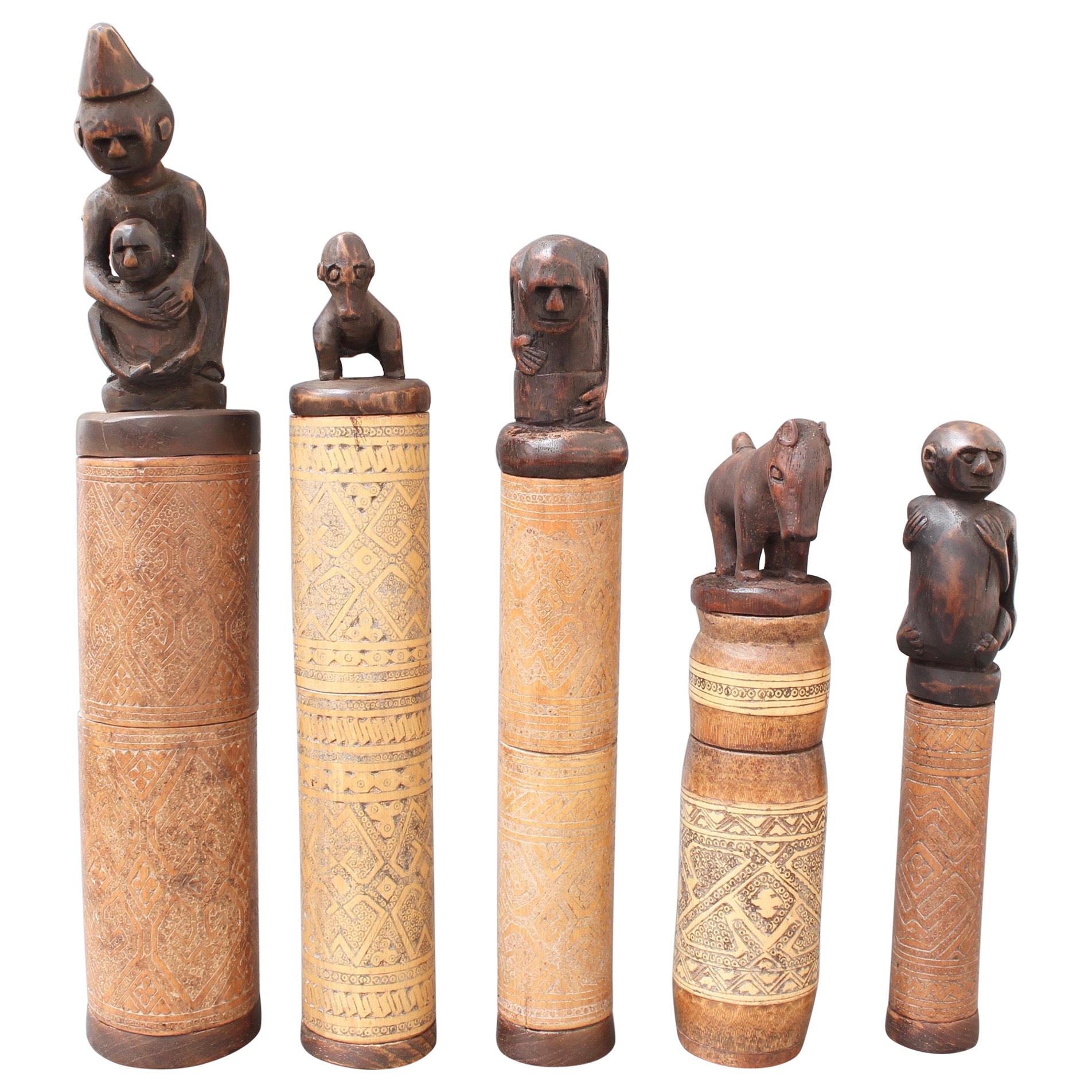 Set of Five Wood and Bamboo Lime Powder Holders for Betel Nut from W. Timor