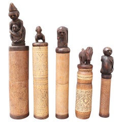 Set of Five Wood and Bamboo Lime Powder Holders for Betel Nut from W. Timor