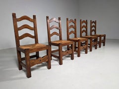 Set of Five Wooden Ladder-Back Dining Chairs with Rush Seats, France, 1950s