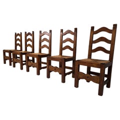 Set of Five Wooden Ladder-Back Dining Chairs with Rush Seats, France, 1950s