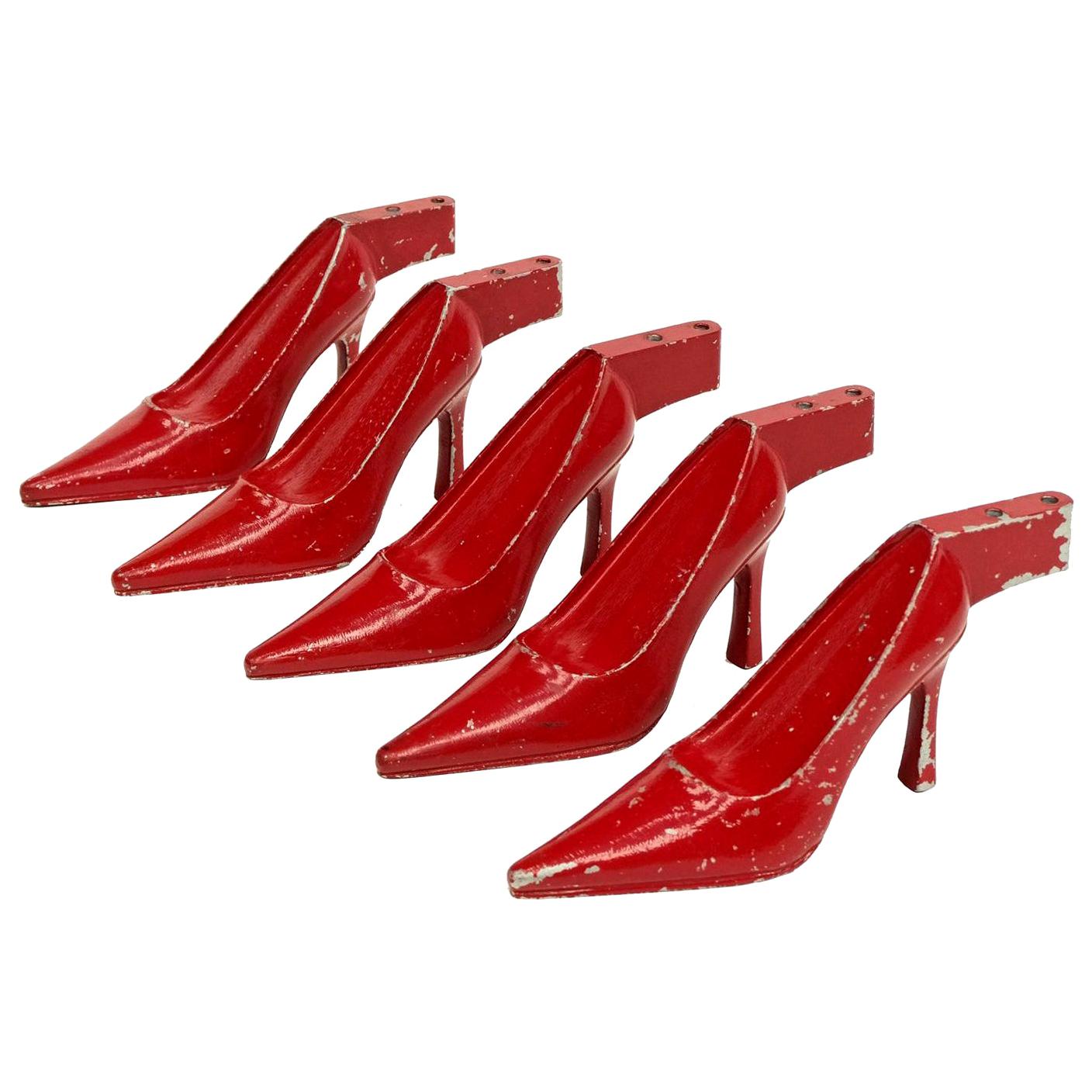Set of Five x 1950s Red Metal High Heel Stiletto Shoe Display Pop Art For Sale