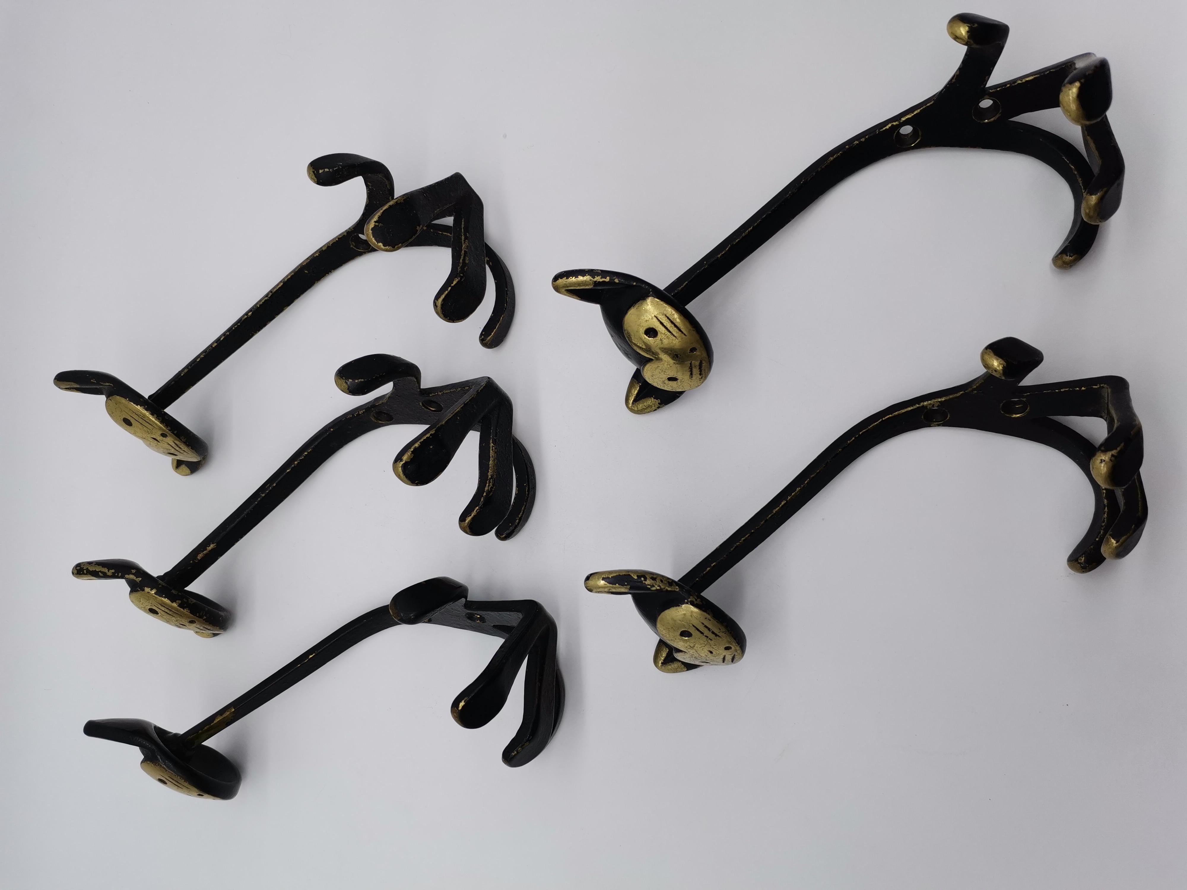 Metalwork Set of Five Coat Rack in Cat Shape, Brass Blackened, Walter Bosse Vienna Austria For Sale