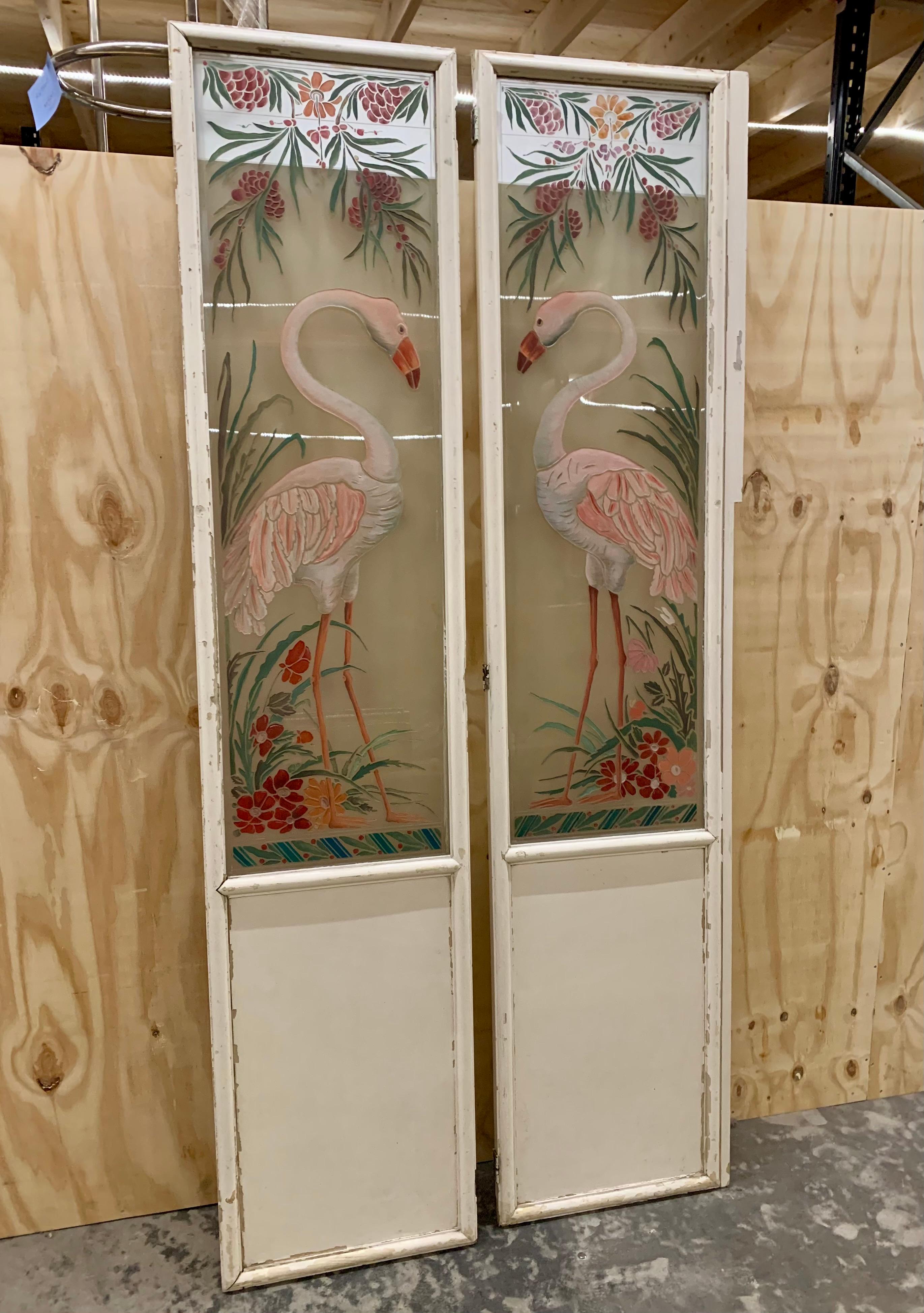 A set of glass doors with the most enchanting handpainted motives of Flamingos, flowers and foliage - would add great ambiance to any room...