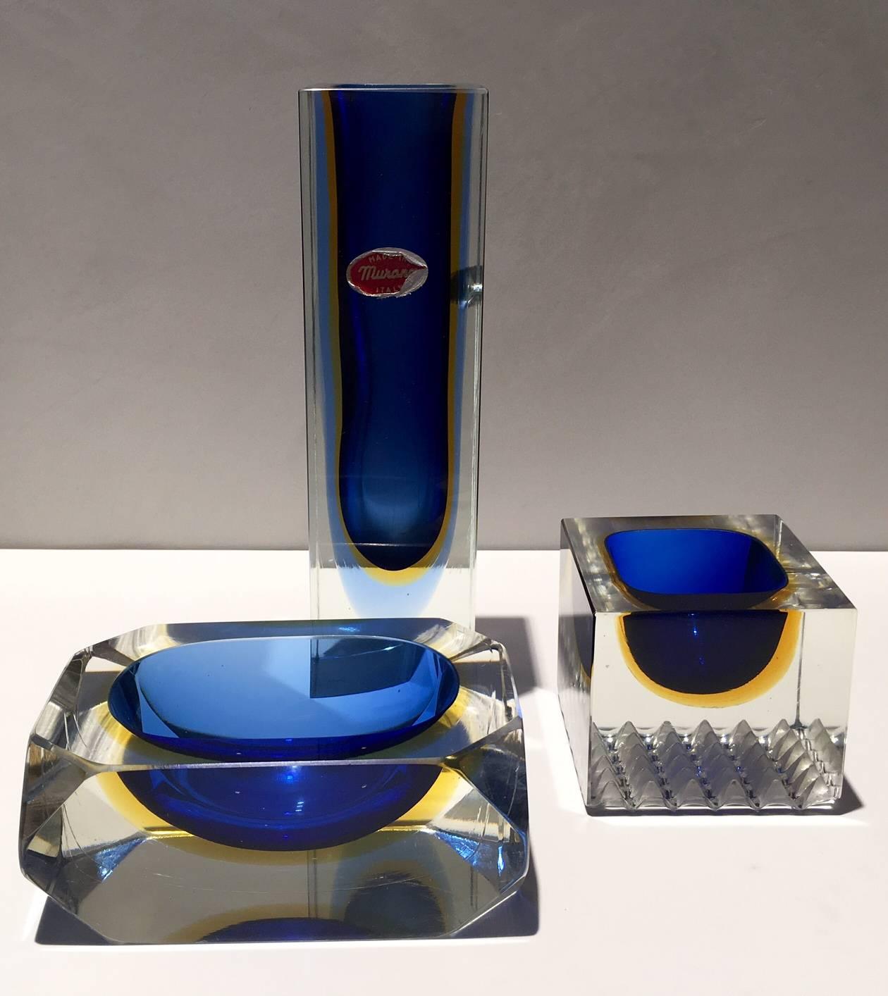 Mid-Century Modern Set of Flavio Poli Murano Glass Centerpieces, Vase, Ashtray and Small Dish