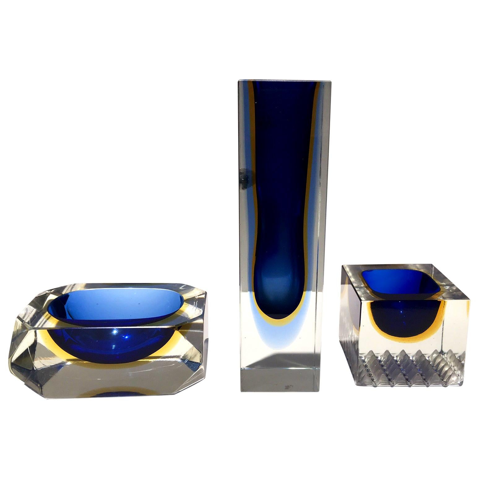 Set of Flavio Poli Murano Glass Centerpieces, Vase, Ashtray and Small Dish