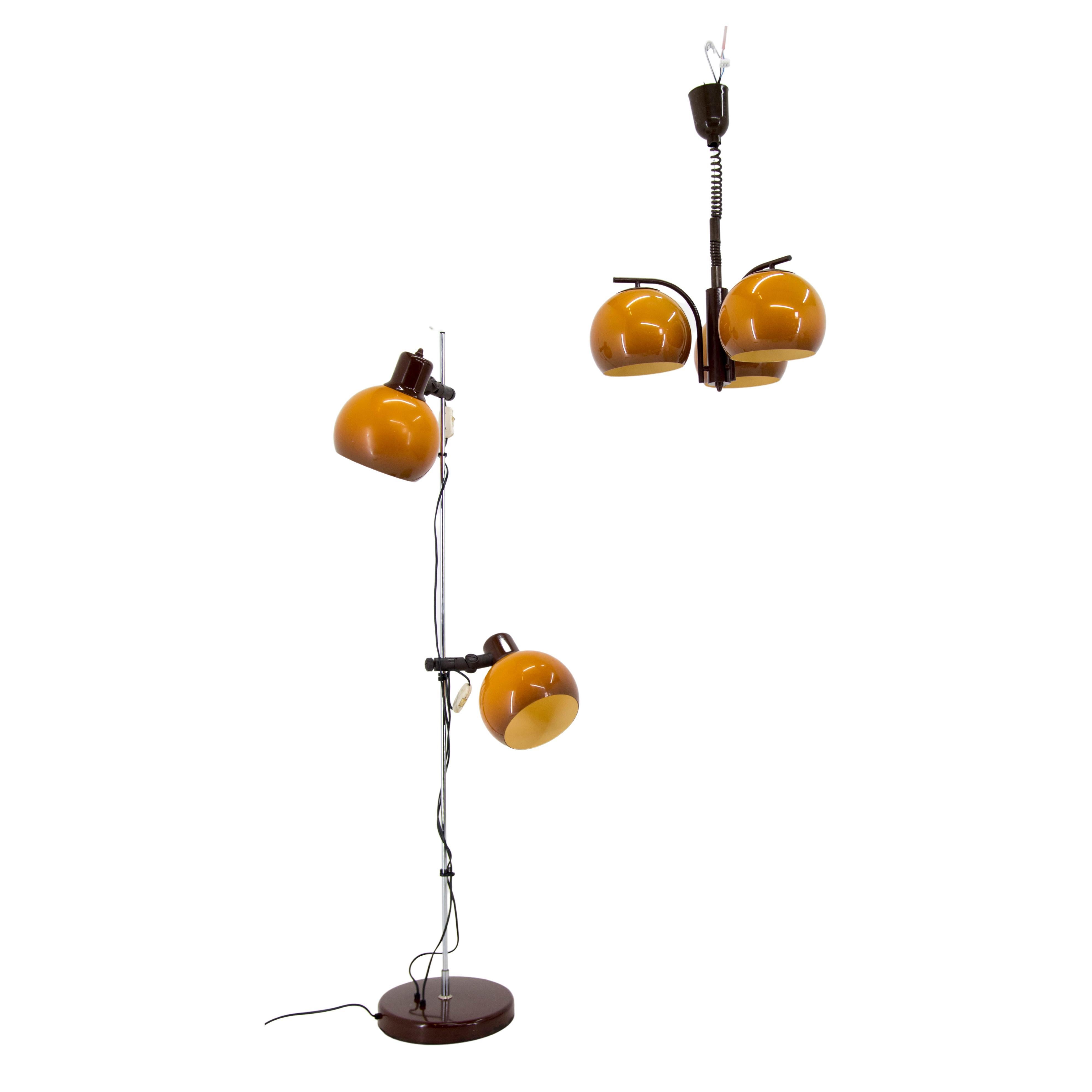 Set of Floor Lamp and Chandelier, Hungary, 1960s For Sale