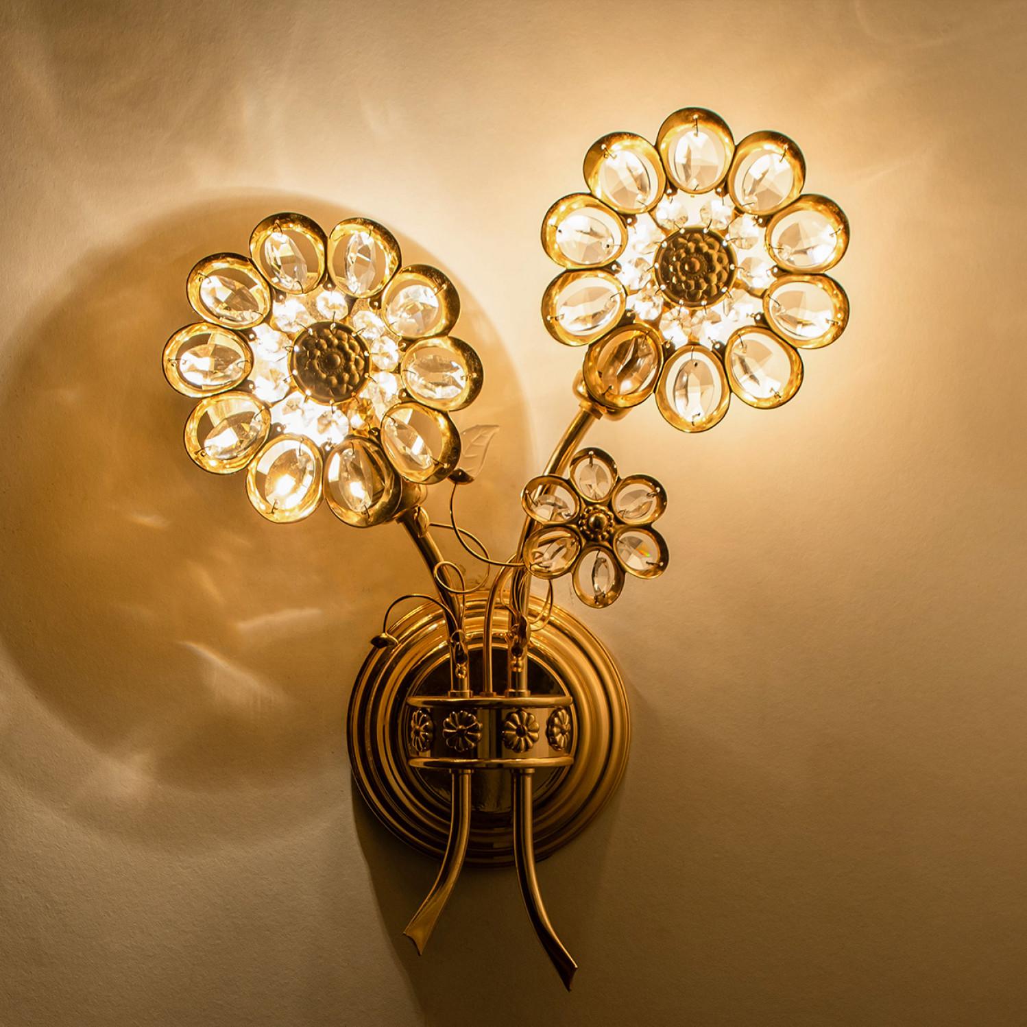 Set of Flower Crystal and Brass Wall Light by Palwa, 1960s, Germany For Sale 9