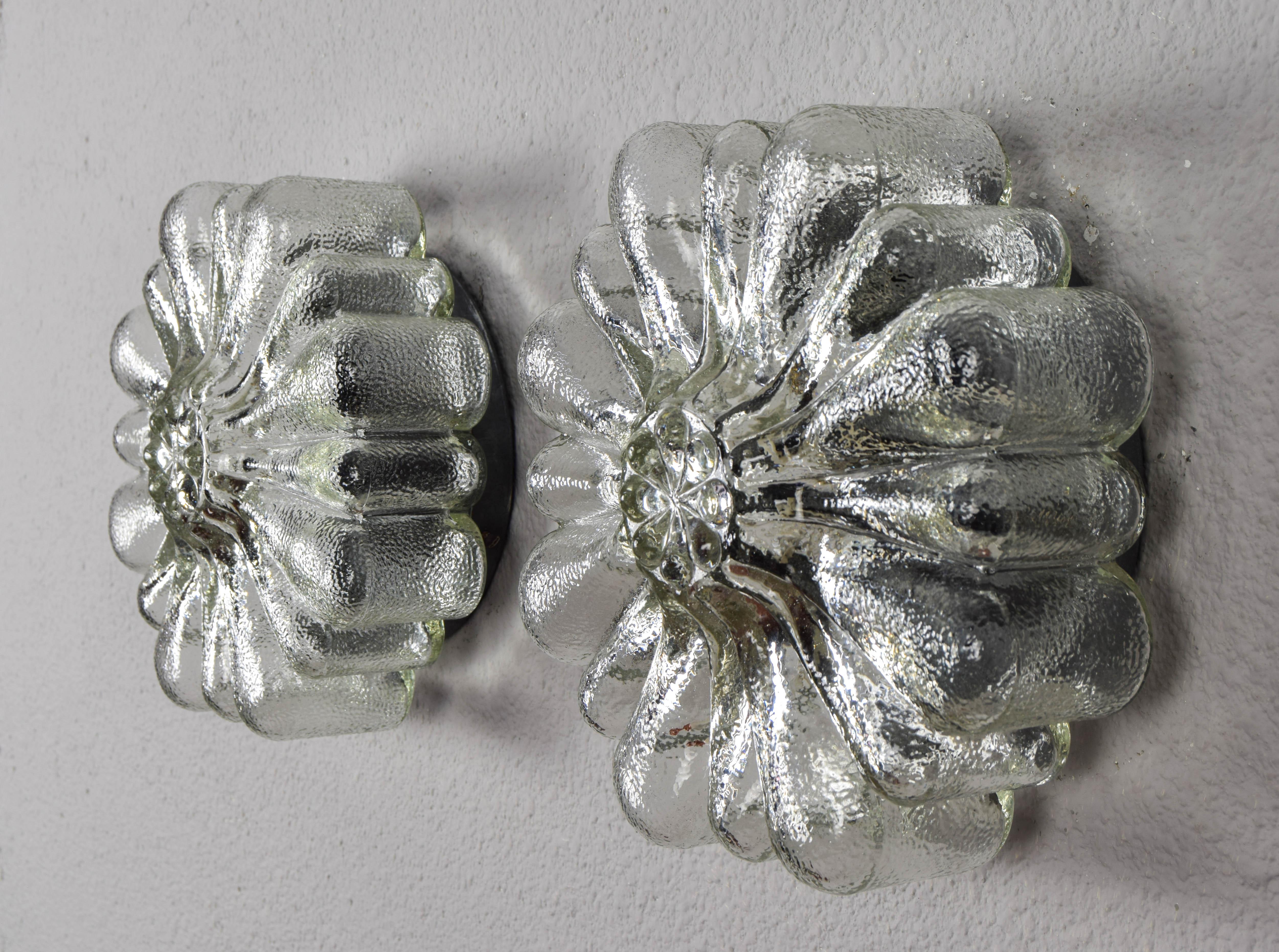 20th Century Set of Bubbles Flowers Mid Century Modern Germany Cut Glass Flush Mount Set 60s For Sale