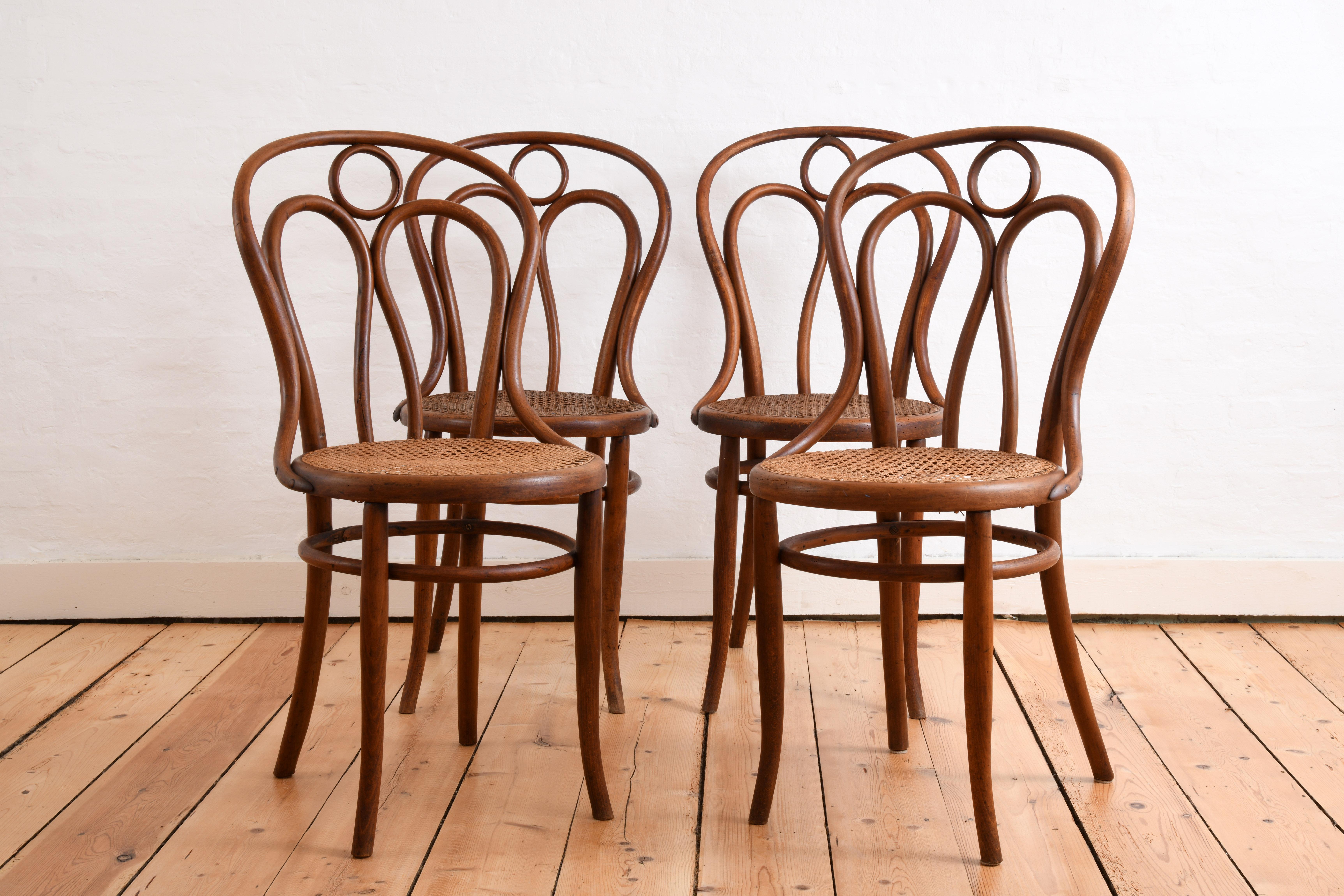 Art nouveau Ensemble de quatre chaises en bois courbé produites par Kohn au début du 20e siècle en vente