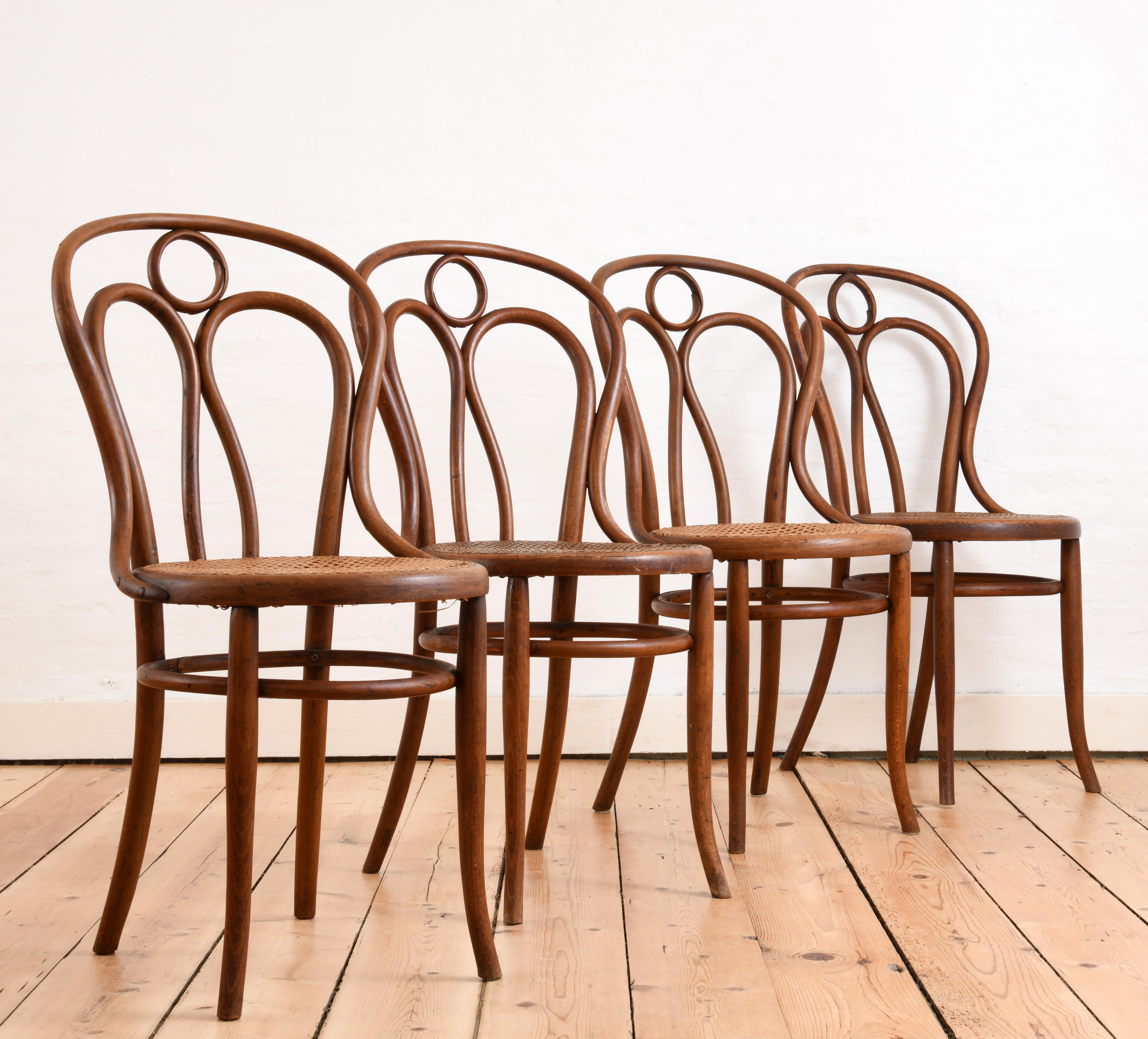 Vannerie Ensemble de quatre chaises en bois courbé produites par Kohn au début du 20e siècle en vente