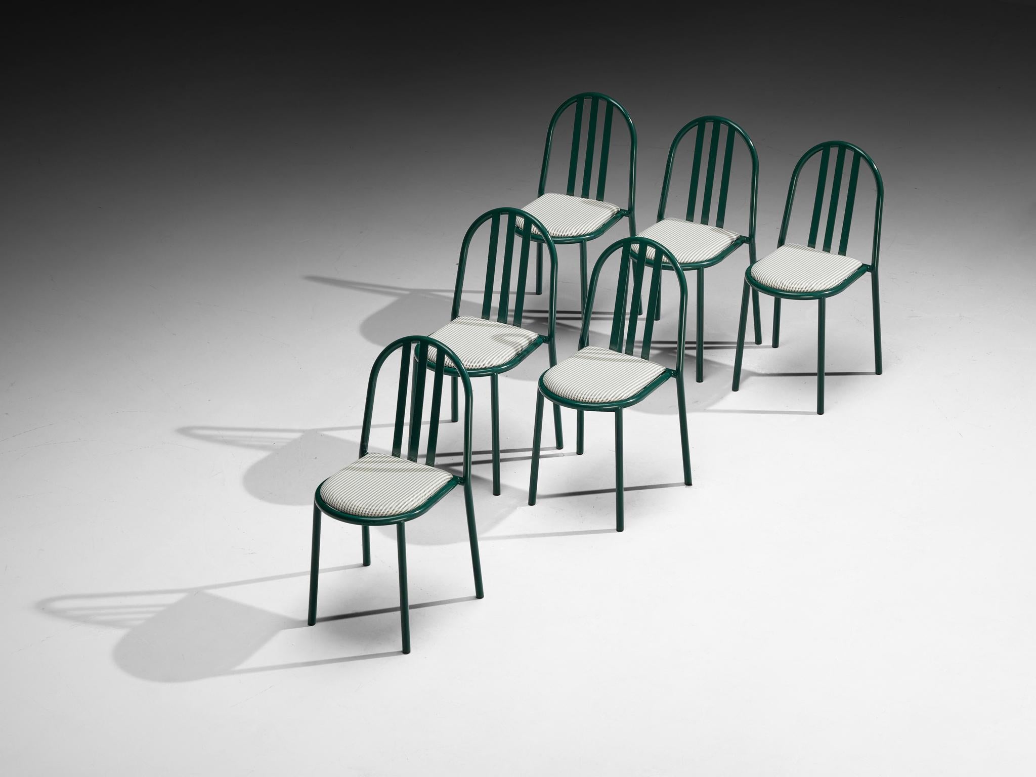 Robert Mallet Stevens for Stevens designs, dining chairs, lacquered steel, fabric, France, design 1928, production later. 

Admirable set of green lacquered tubular chairs with green-white patterned seats, designed by one of the masters of the