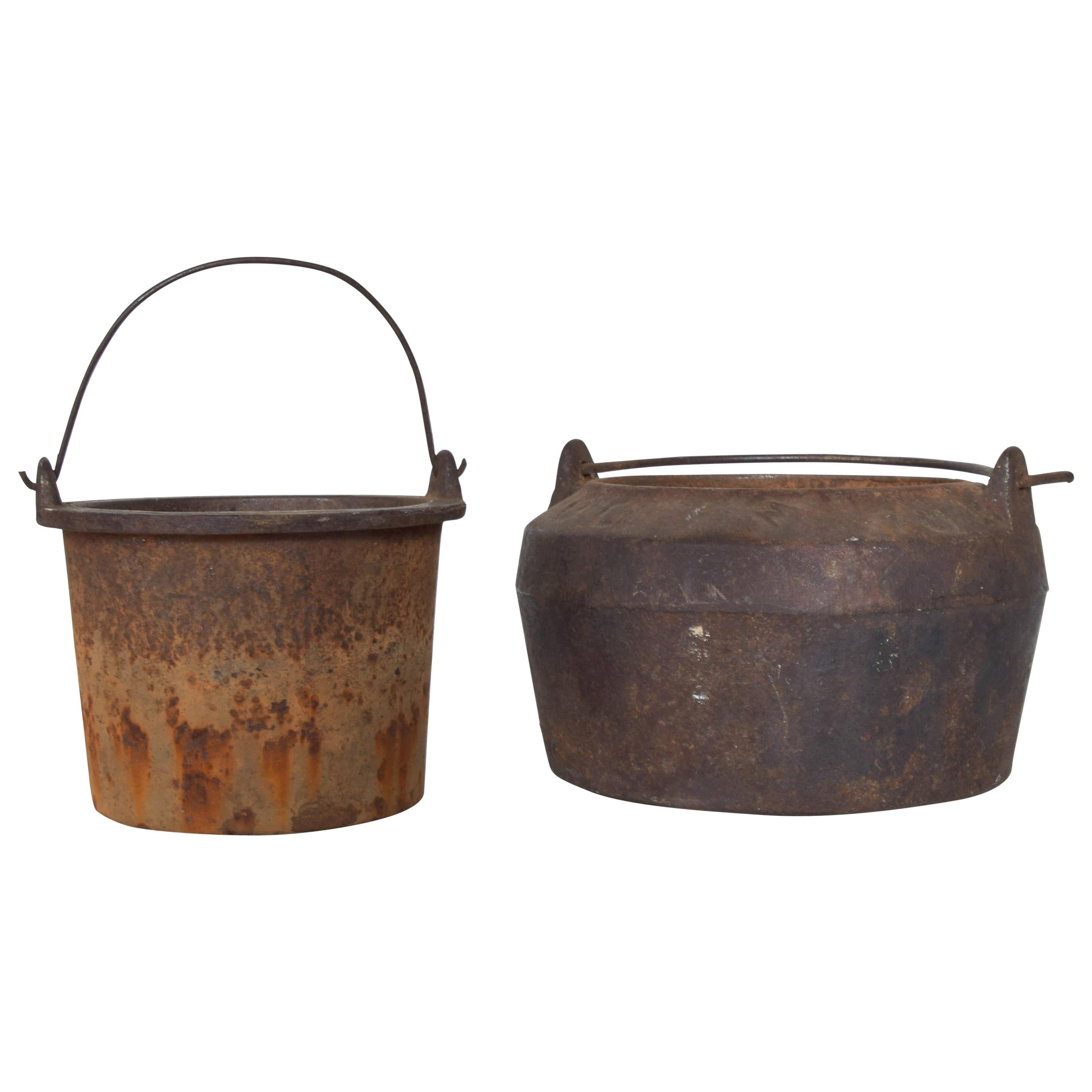 Rustic Set of Foundry Melting Pots Industrial Patinated Cauldron 