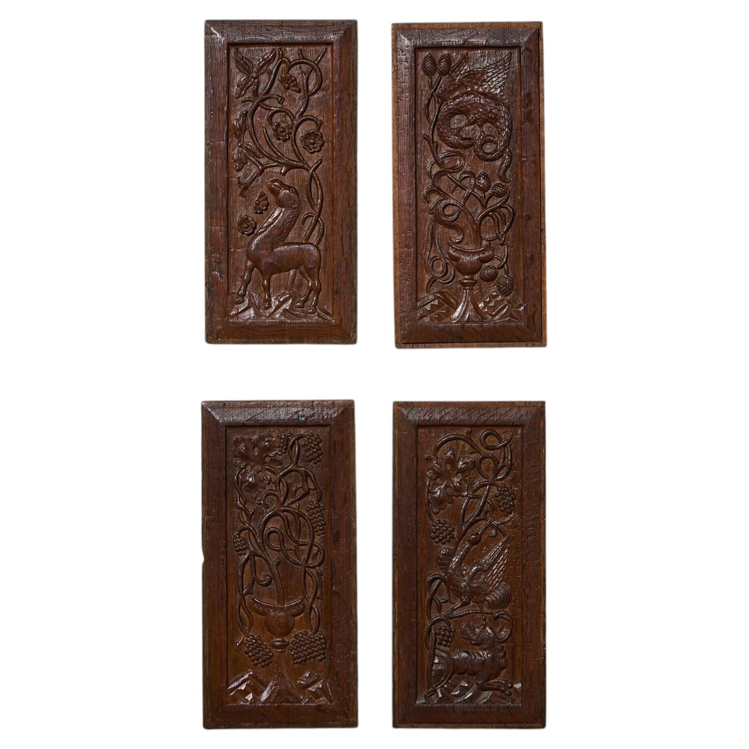 Set of Four 16th Century Hand Carved Oak Panels With Animals