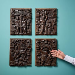 Set of Four 17th Century Carved Oak Panels of Religious Scenes