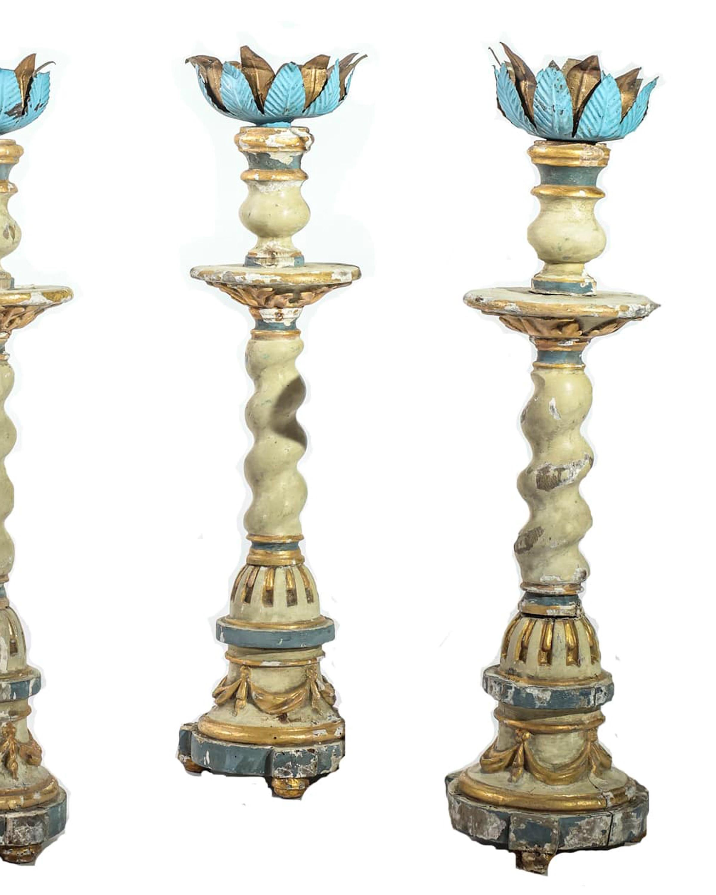 Hand-Painted Set of Four 17th Century Portuguese Candlesticks For Sale