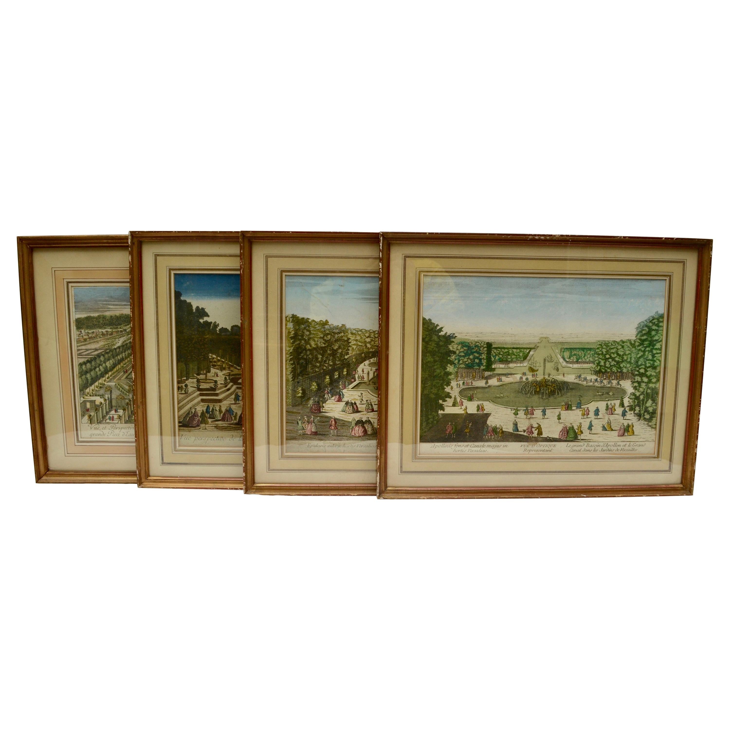 Set of Four 18 Century Copper Plate Colored Engravings of Versailles Gardens