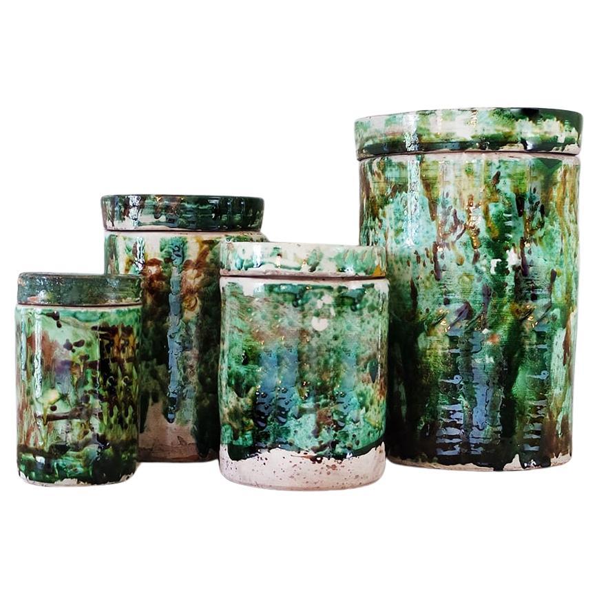 Set of Four 1800s Puglian Green Ceramic Fig Pots For Sale