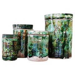 Antique Set of Four 1800s Puglian Green Ceramic Fig Pots
