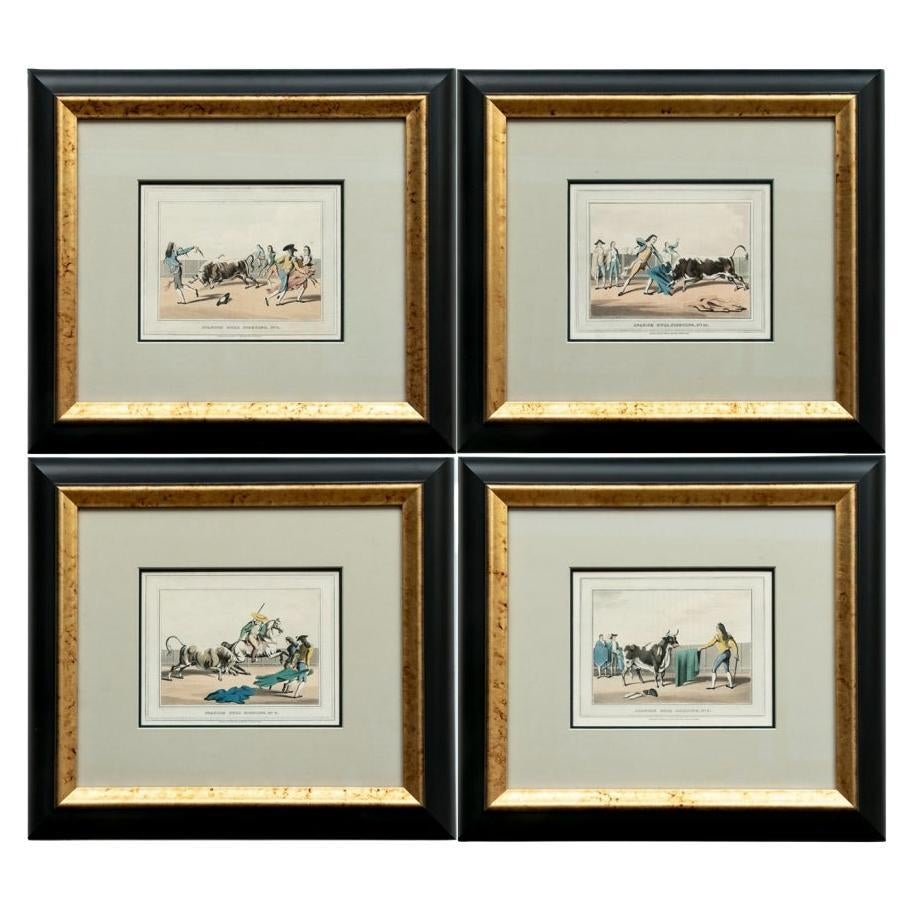Conjunto de cuatro grabados en color de corridas de toros españolas de 1830
