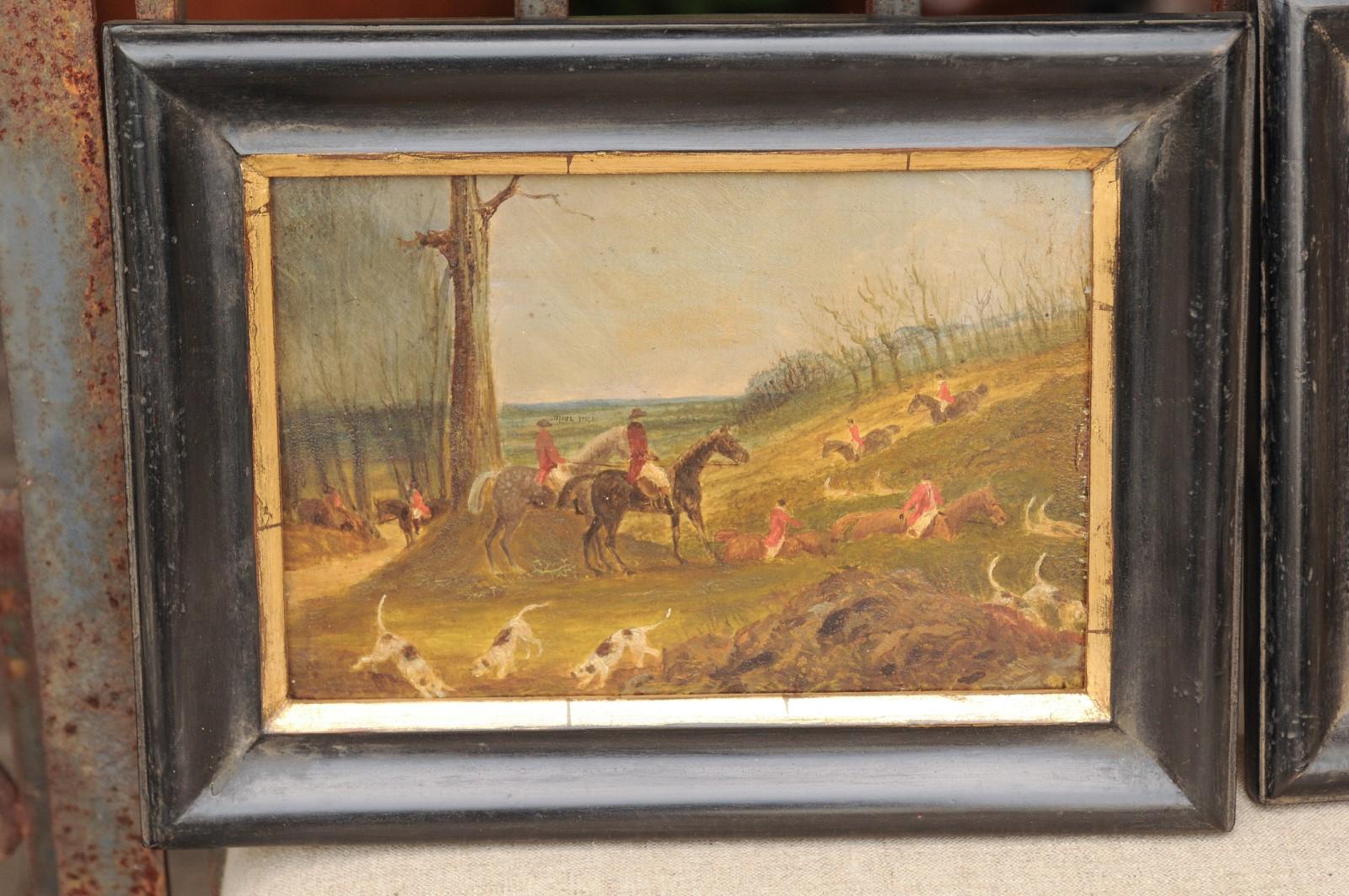 Set of Four 1889s English Framed Oil on Board Paintings Depicting Hunting Scenes 5