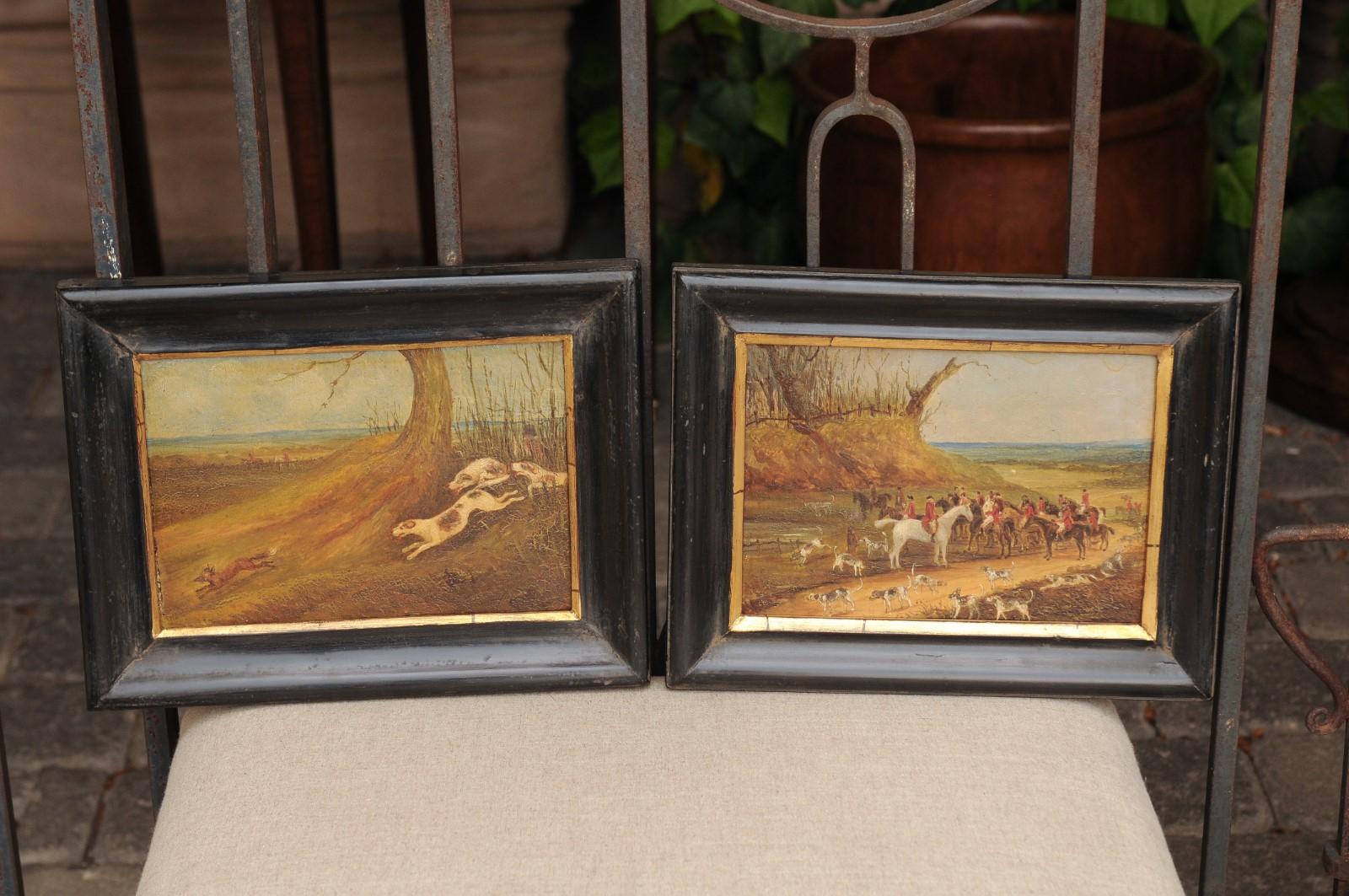 Set of Four 1889s English Framed Oil on Board Paintings Depicting Hunting Scenes 1